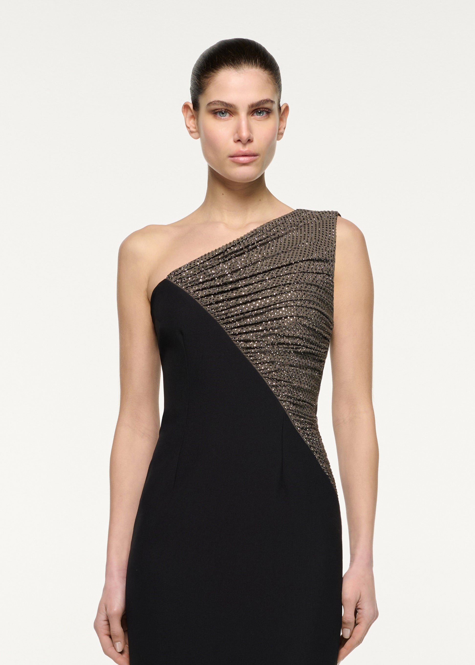 Asymmetric Diamante Contrast Column Dress