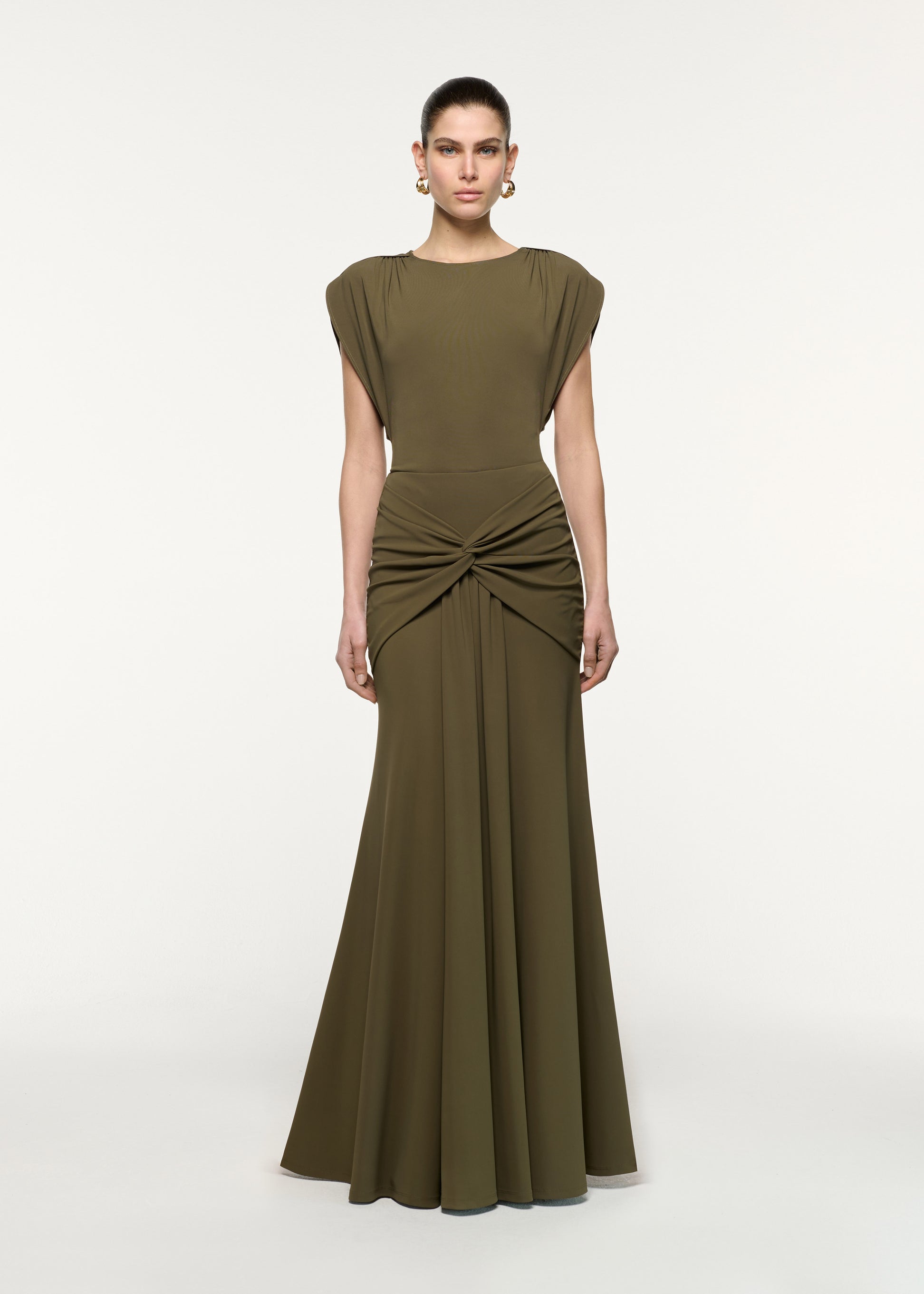 Front view of a model wearing the Petal Drape Sleeve Jersey Top in Khaki