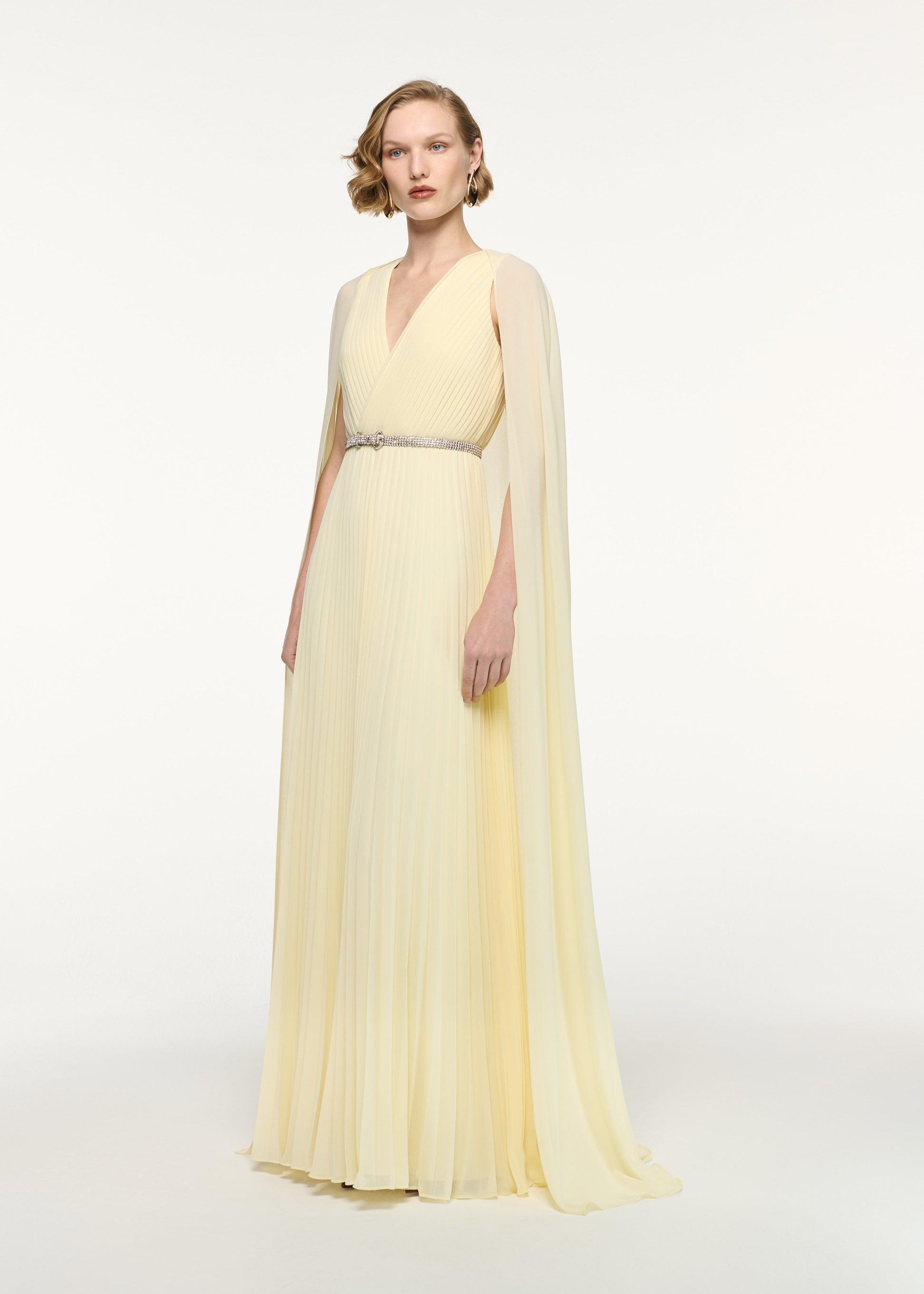 Crystal Belt Pleated Cape Gown