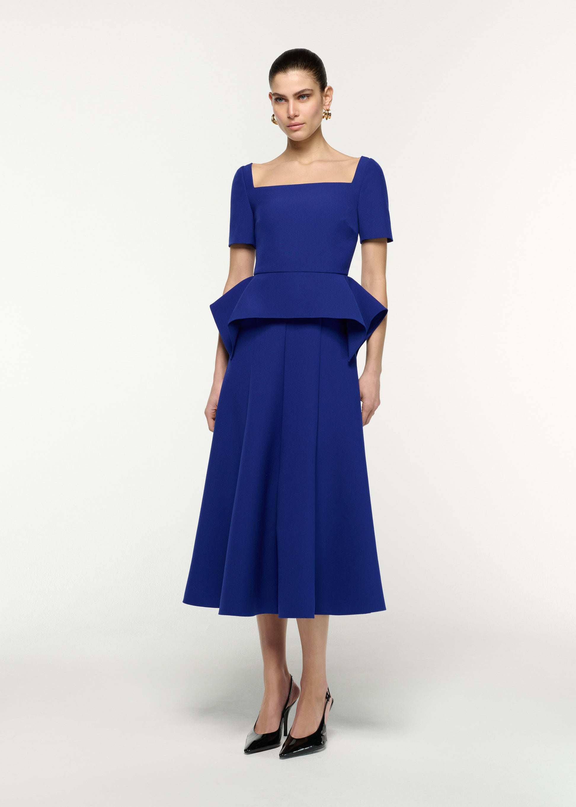 Square Neck Drape Peplum Midi Dress