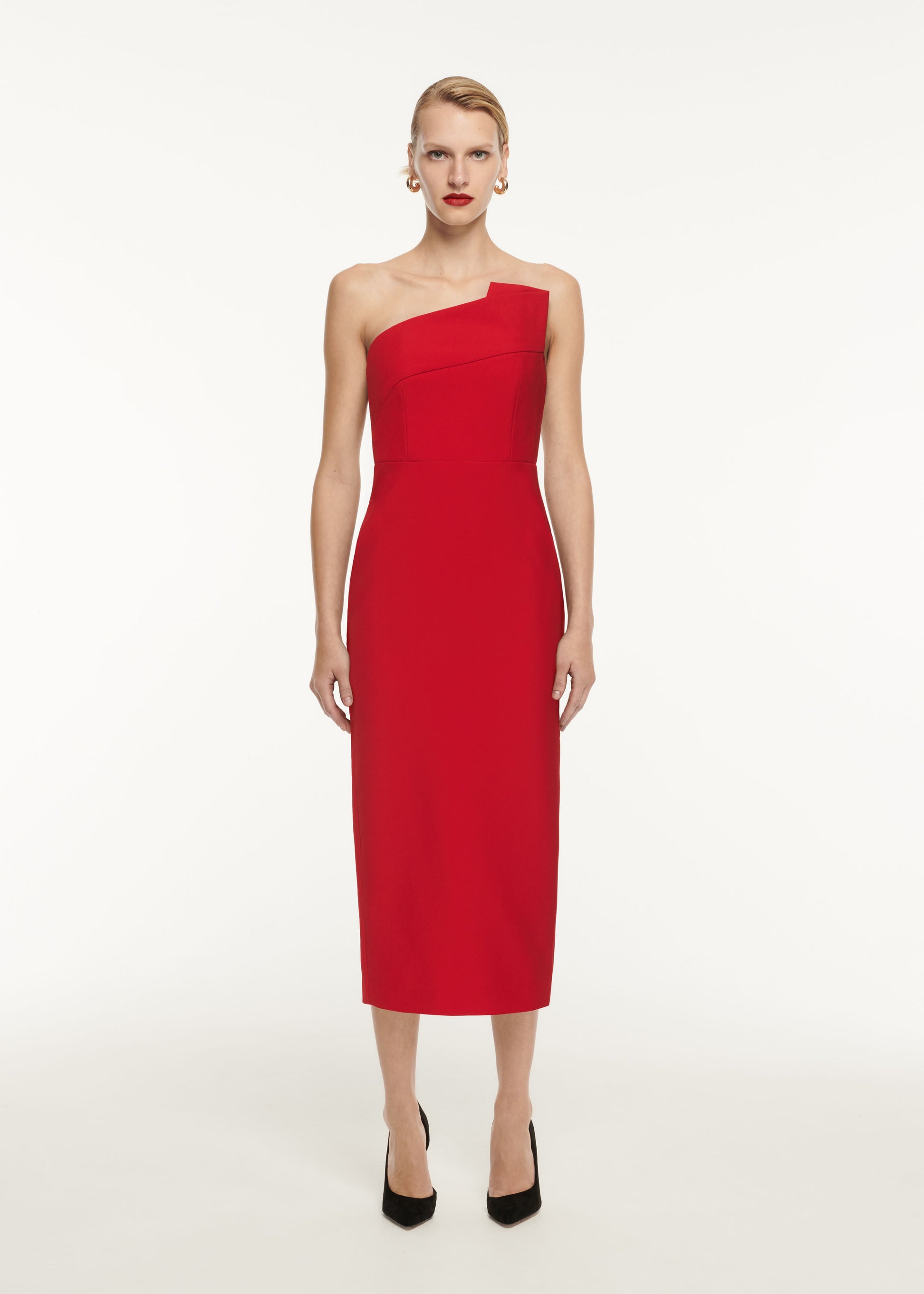 Strapless Drape Detail Crepe Midi Dress