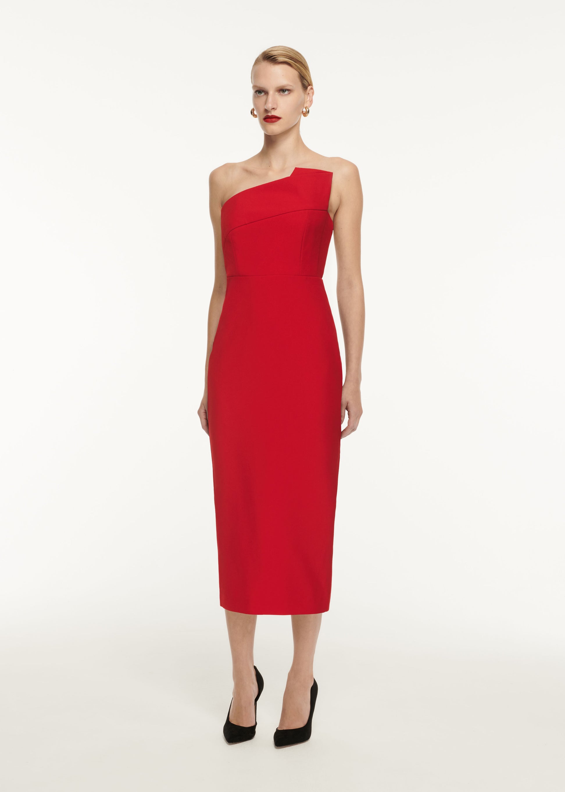 Strapless Drape Detail Crepe Midi Dress