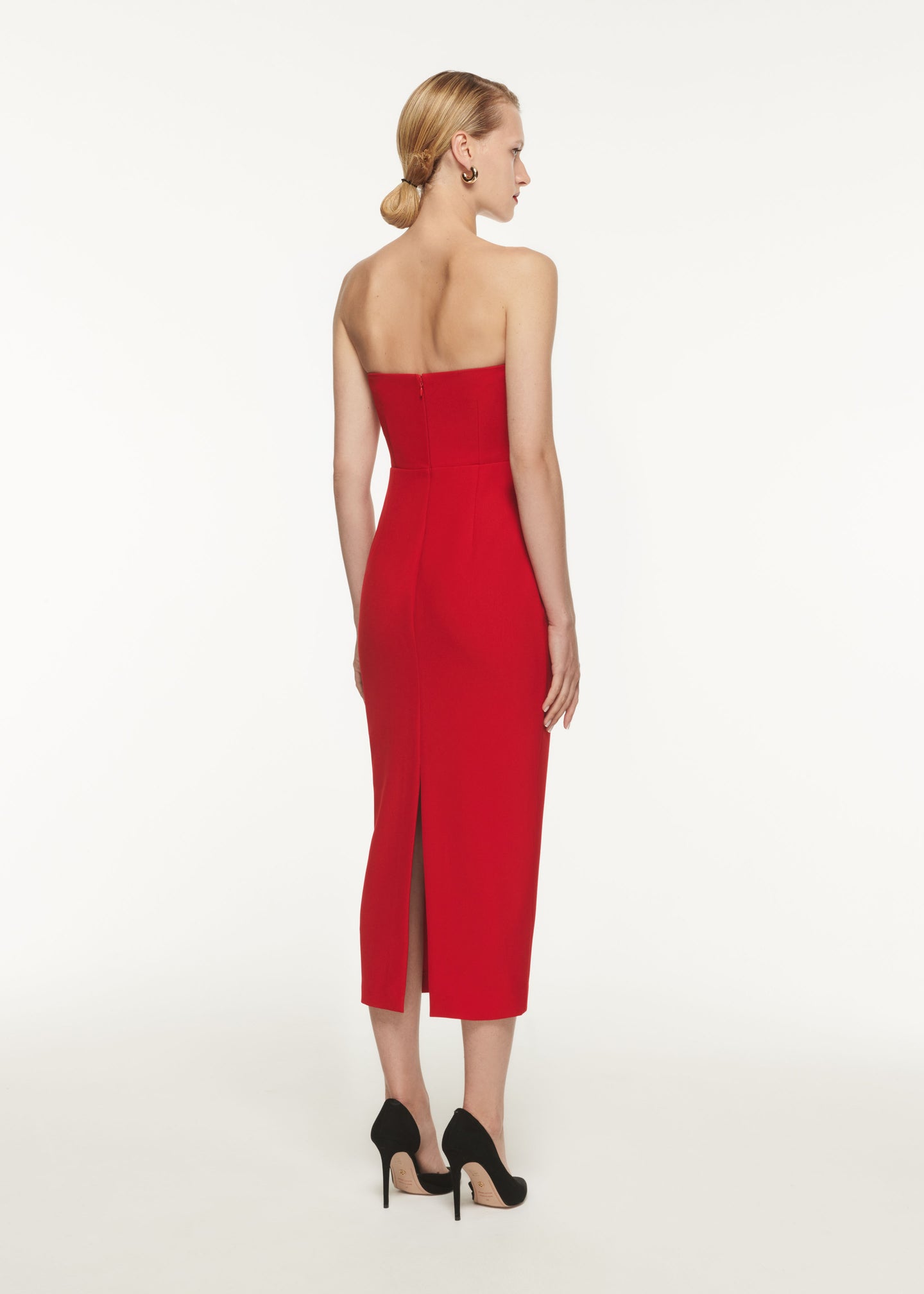Strapless Drape Detail Crepe Midi Dress