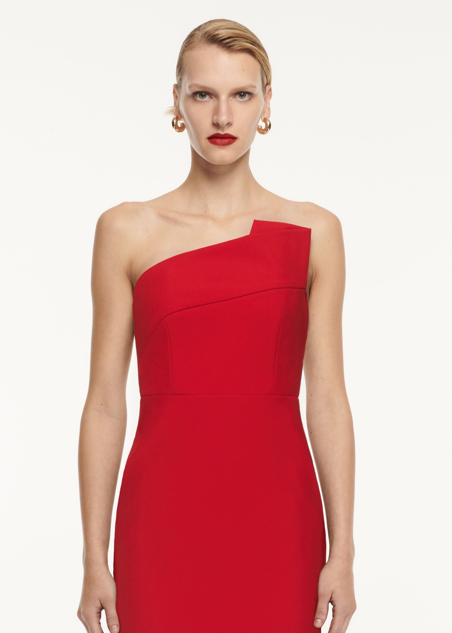 Strapless Drape Detail Crepe Midi Dress