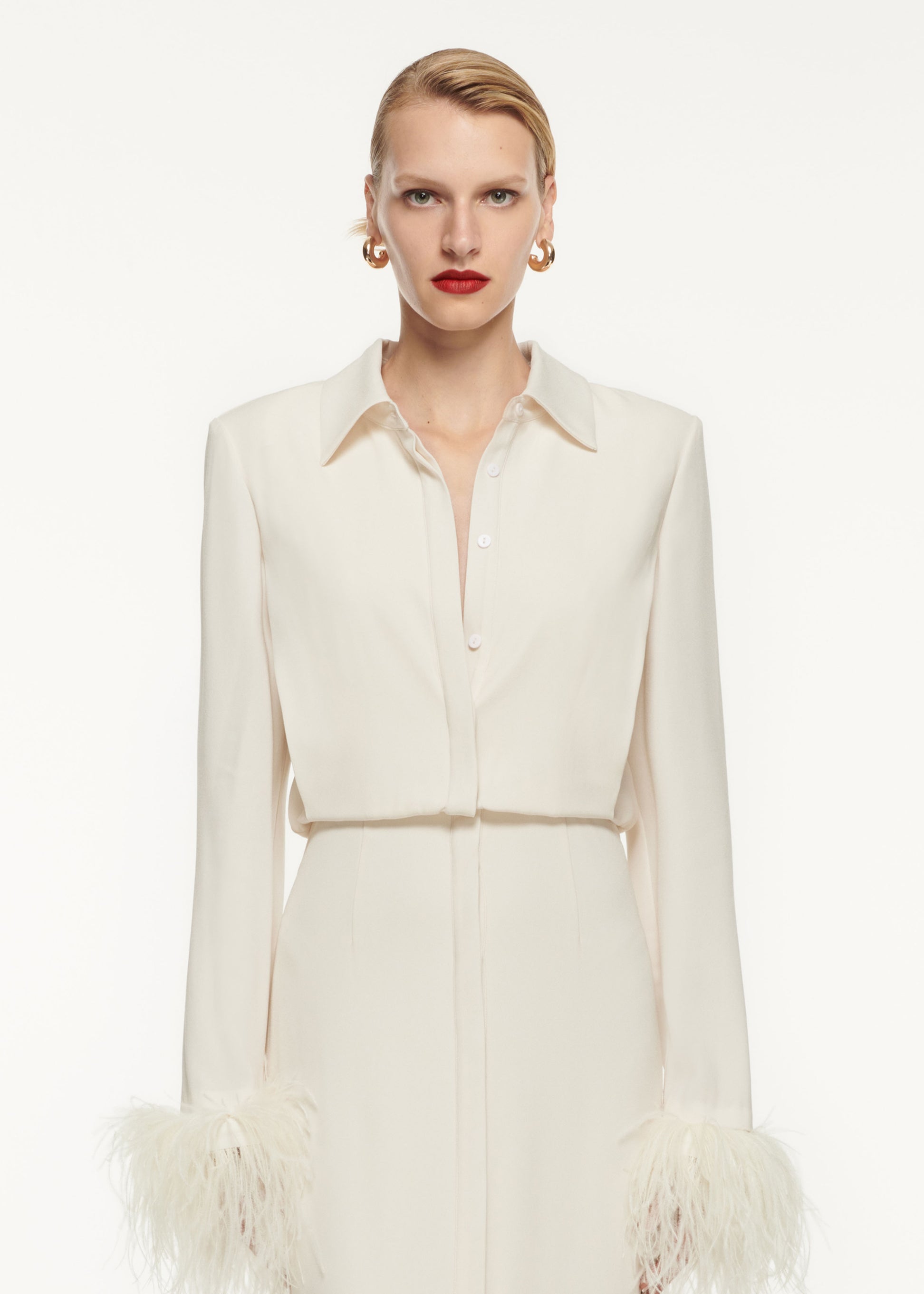 A close up of a woman wearing the Satin Crepe Shirt Maxi Dress