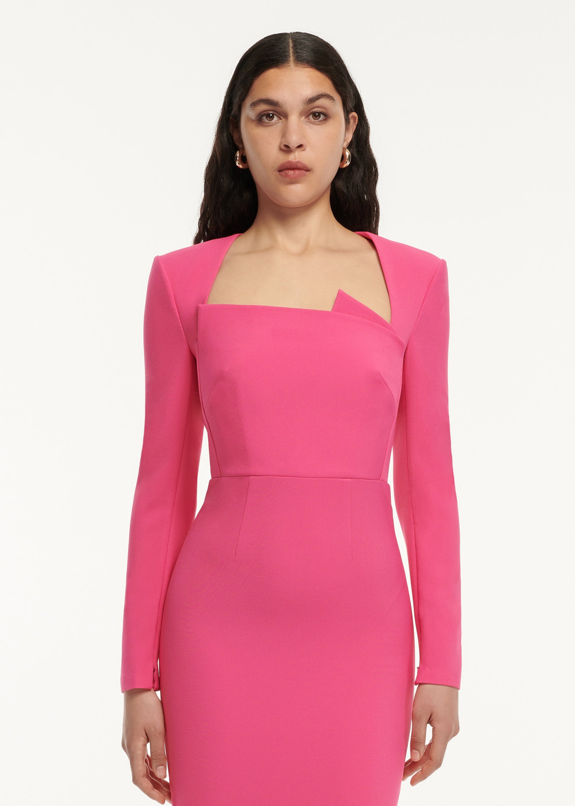 A close up of a woman wearing the Long Sleeve Pleat Detail Crepe Midi Dress