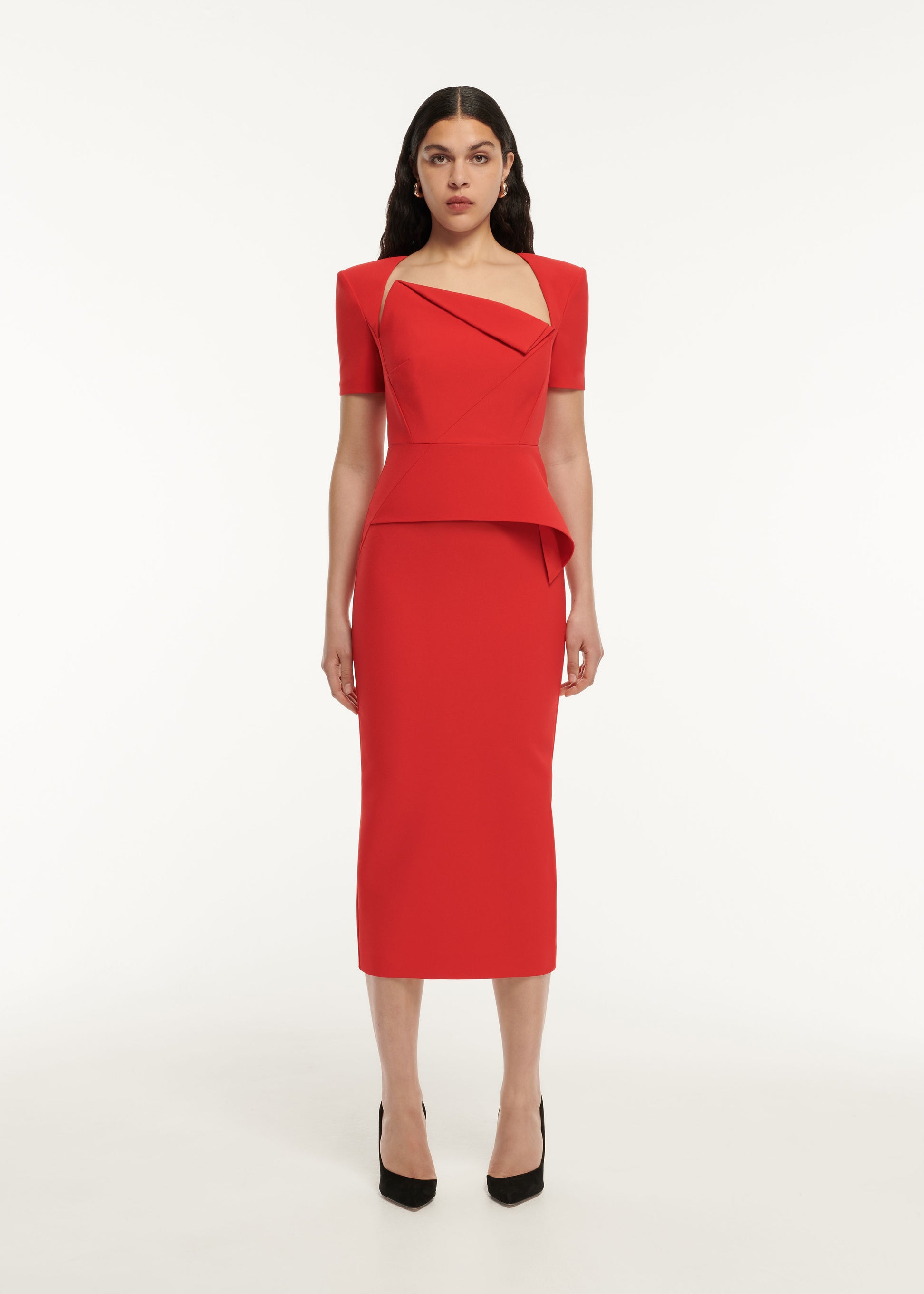 Short Sleeve Crepe Peplum Midi Dress