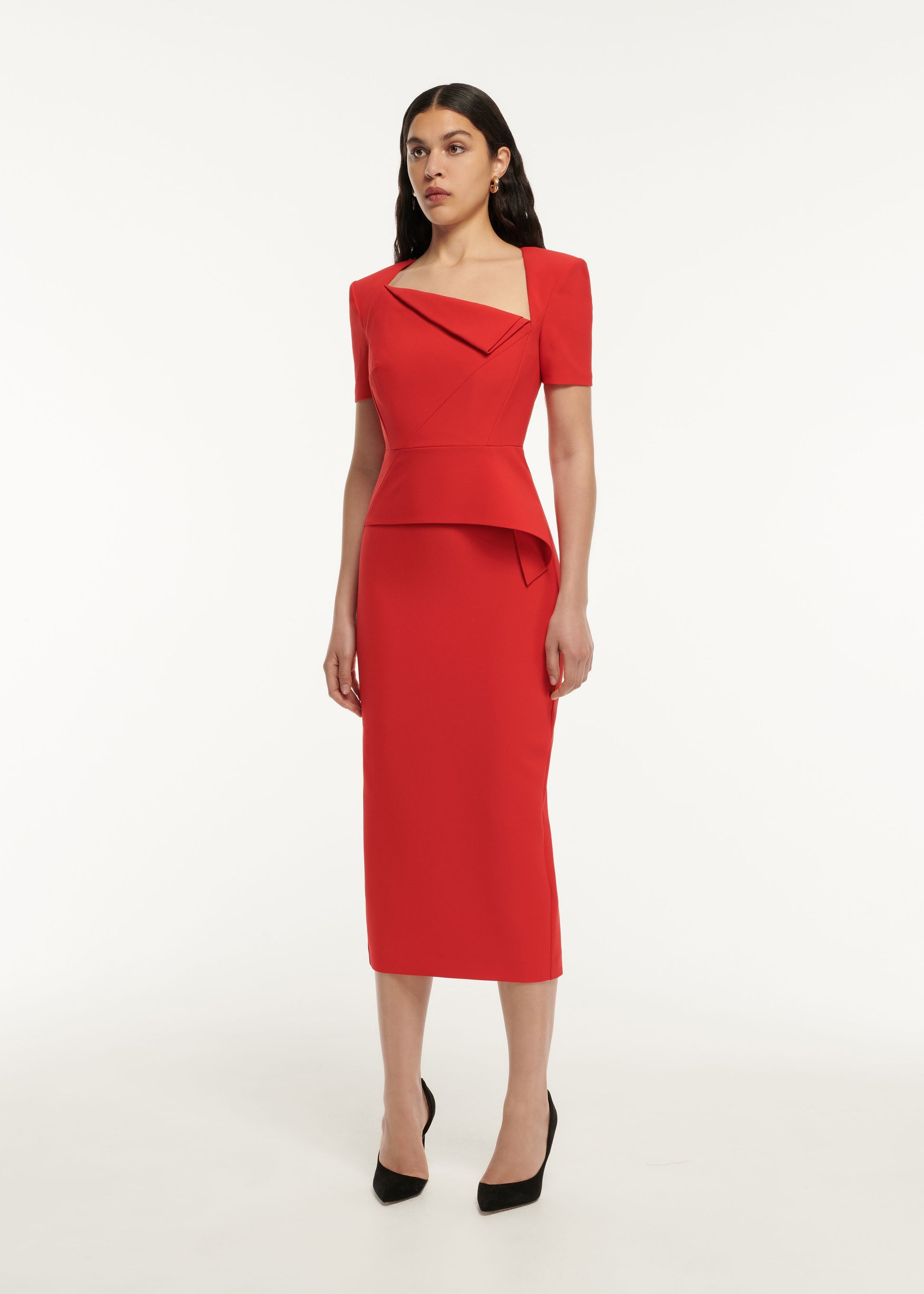 Short Sleeve Crepe Peplum Midi Dress