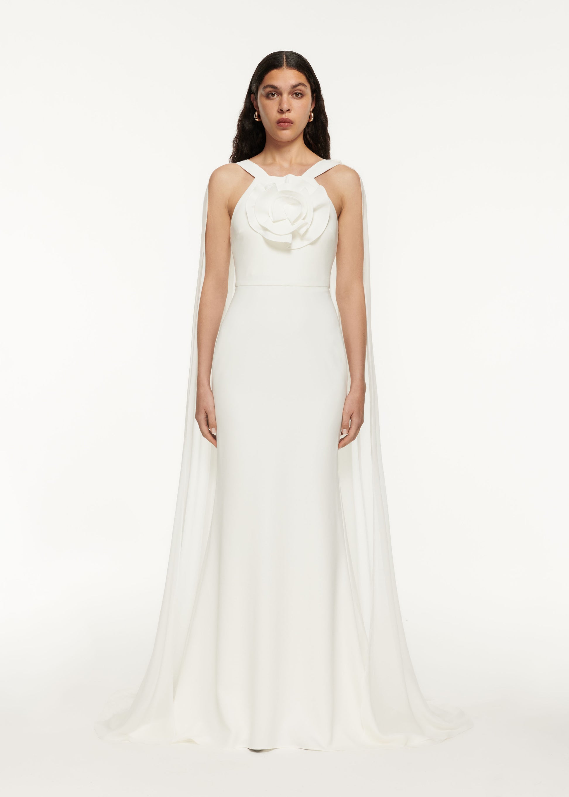 A woman wearing the Stretch Cady Gown White