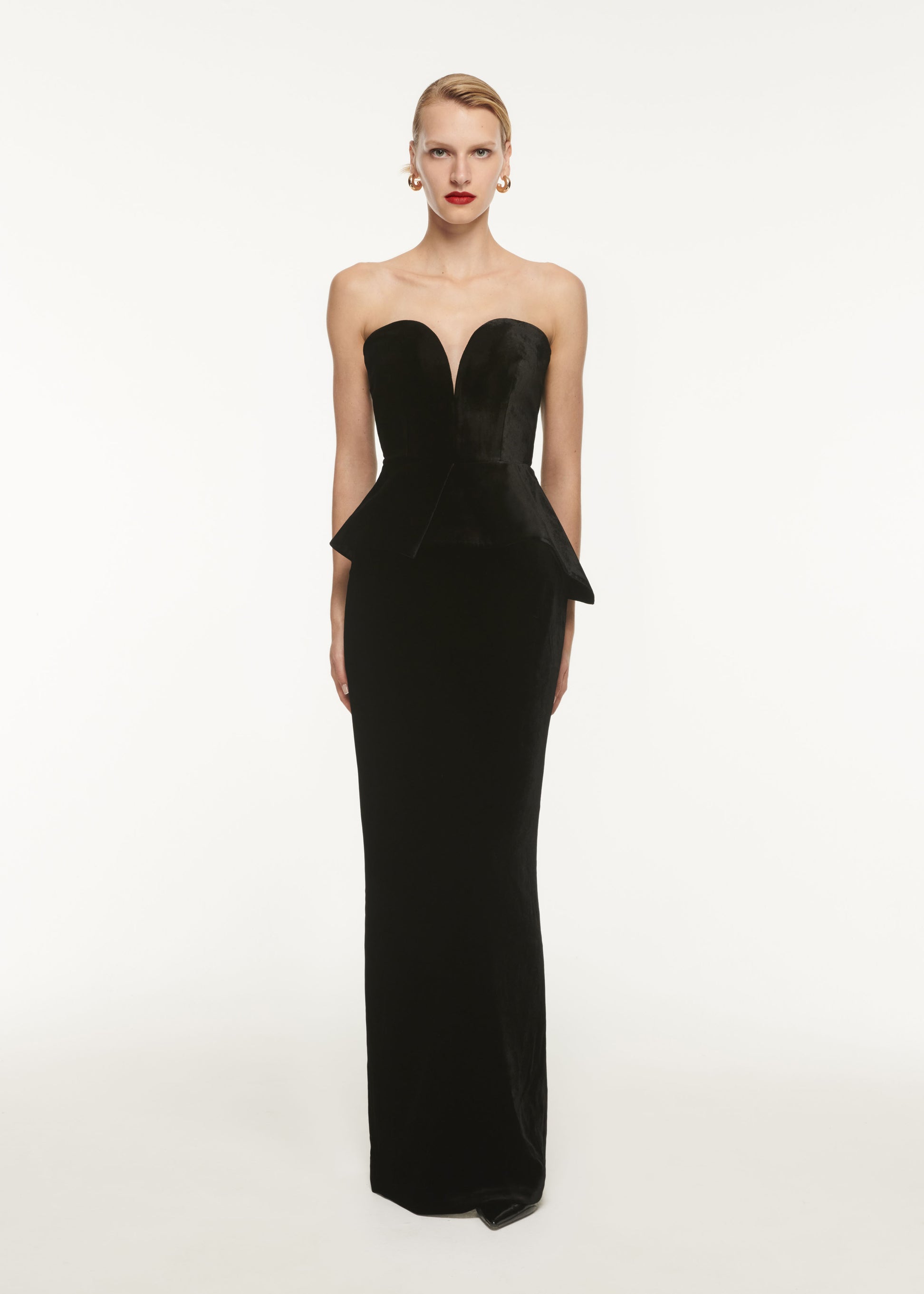 Strapless Velvet Peplum Gown