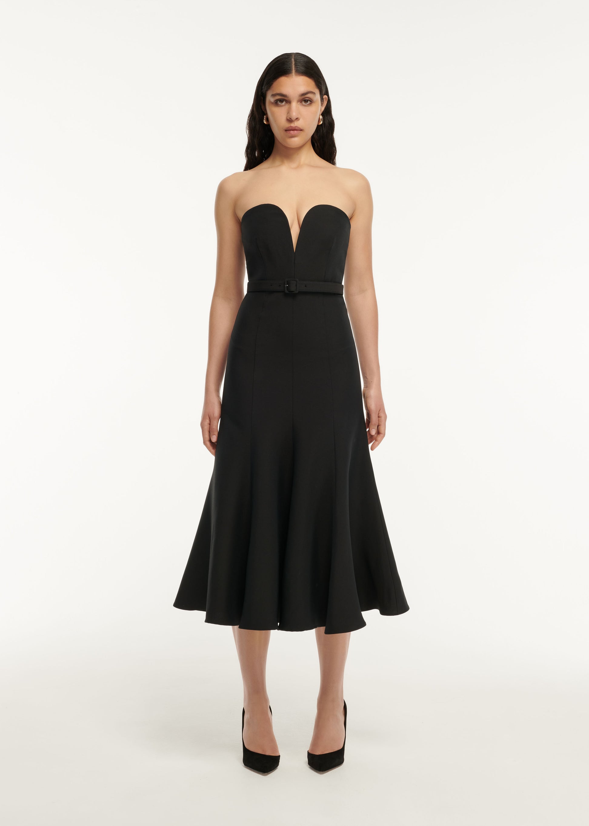A woman wearing the Strapless Wool Silk Midi Dress in Black