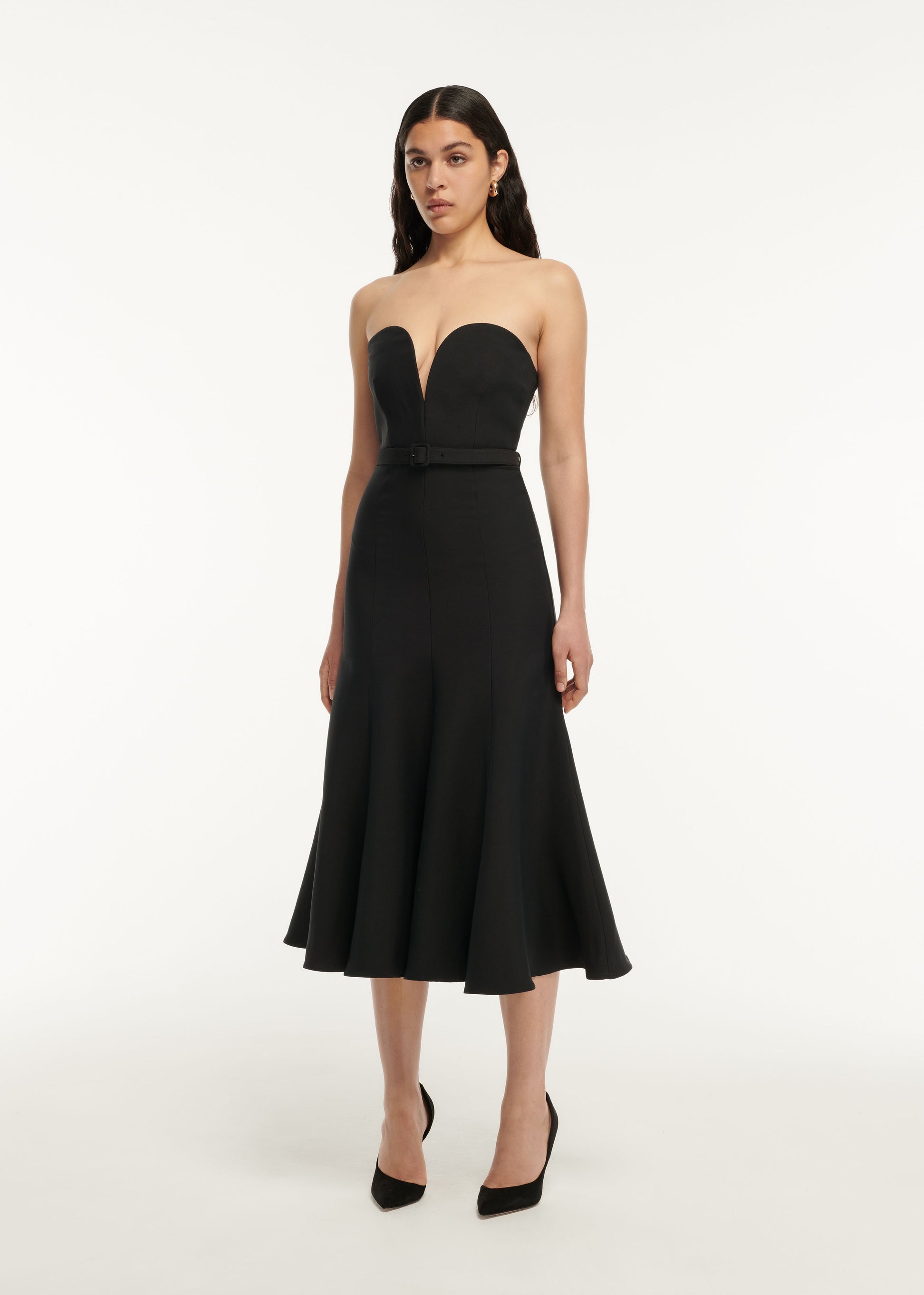 A woman wearing the Strapless Wool Silk Midi Dress Black