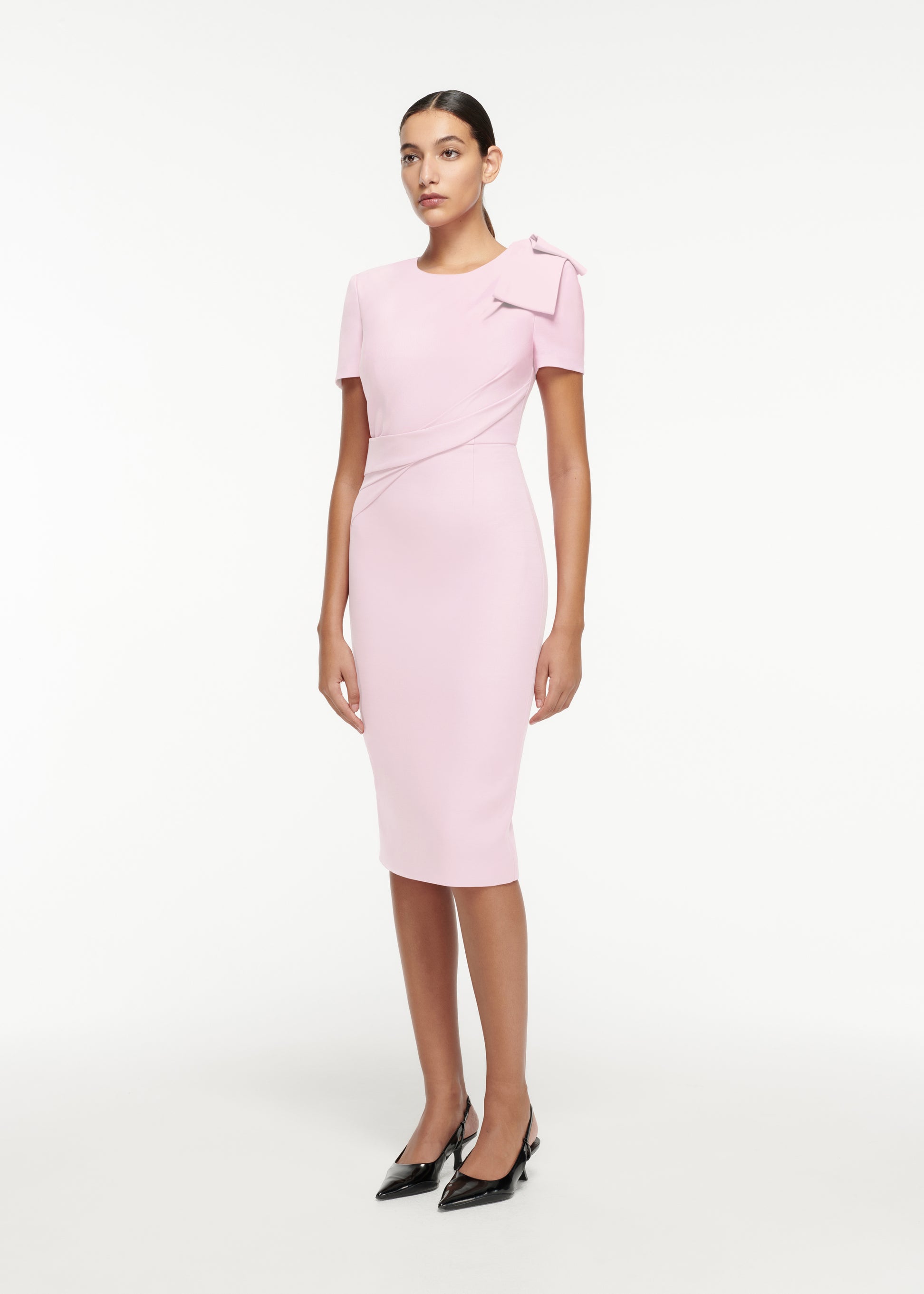 Short Sleeve Bow Wool Silk Midi Dress