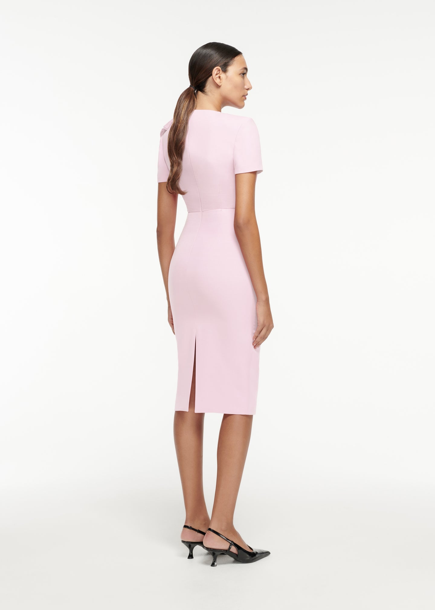 Short Sleeve Bow Wool Silk Midi Dress