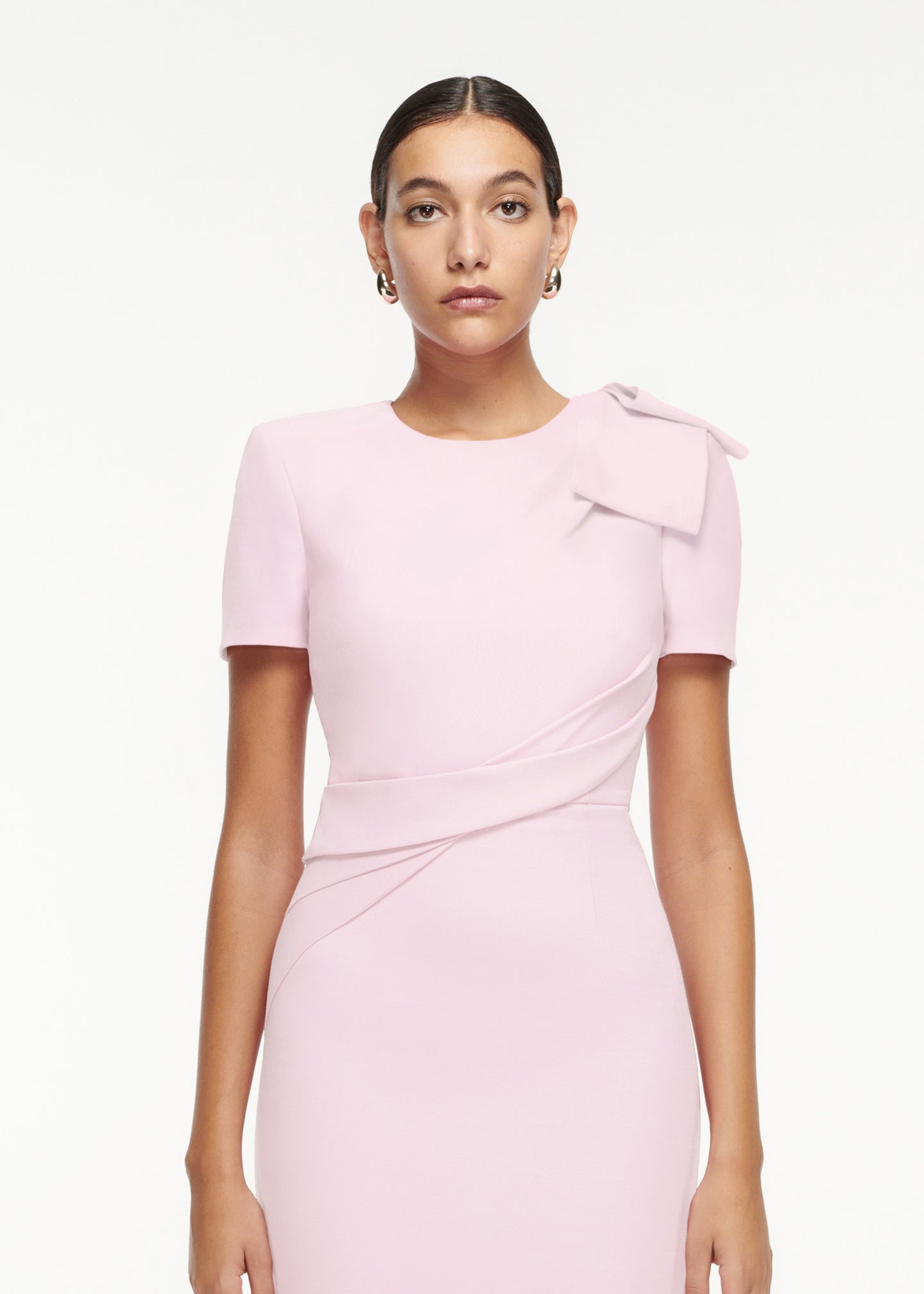 Short Sleeve Bow Wool Silk Midi Dress