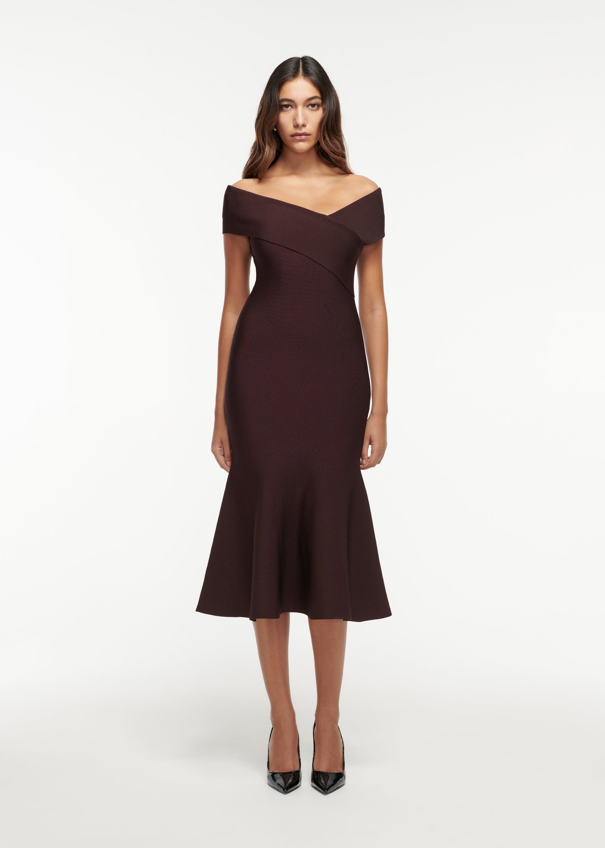 Off The Shoulder Flat Knit Midi Dress