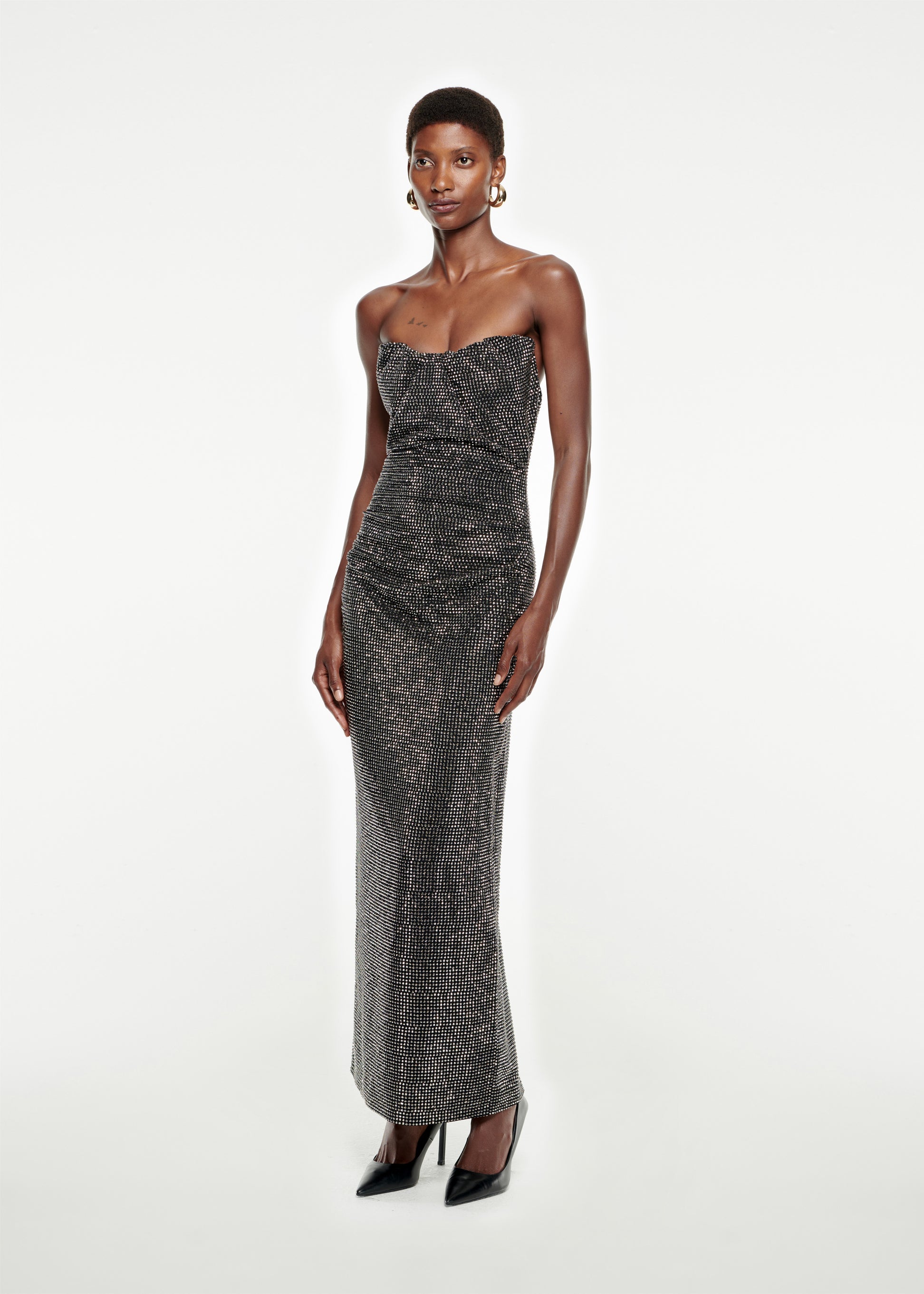 Woman wearing the Strapless Diamante Maxi Dress in Black