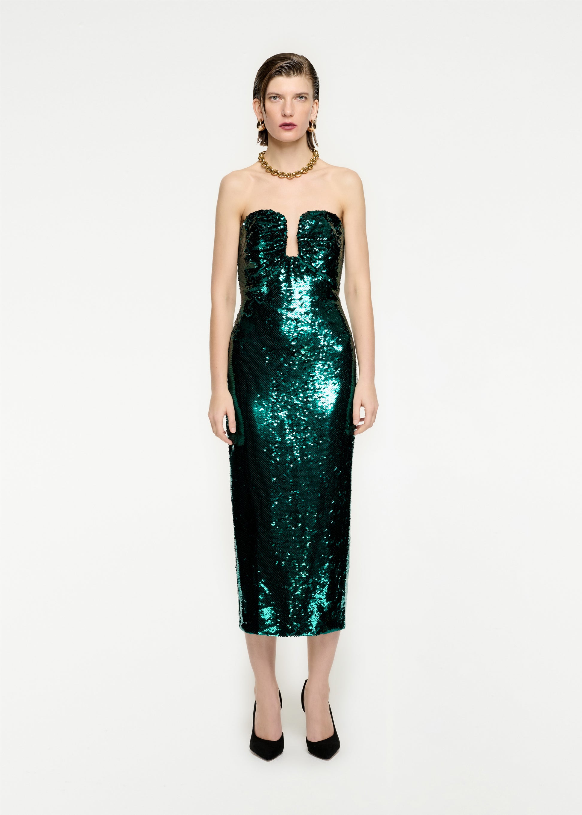 Woman wearing the Strapless Sequin Midi Dress in Green