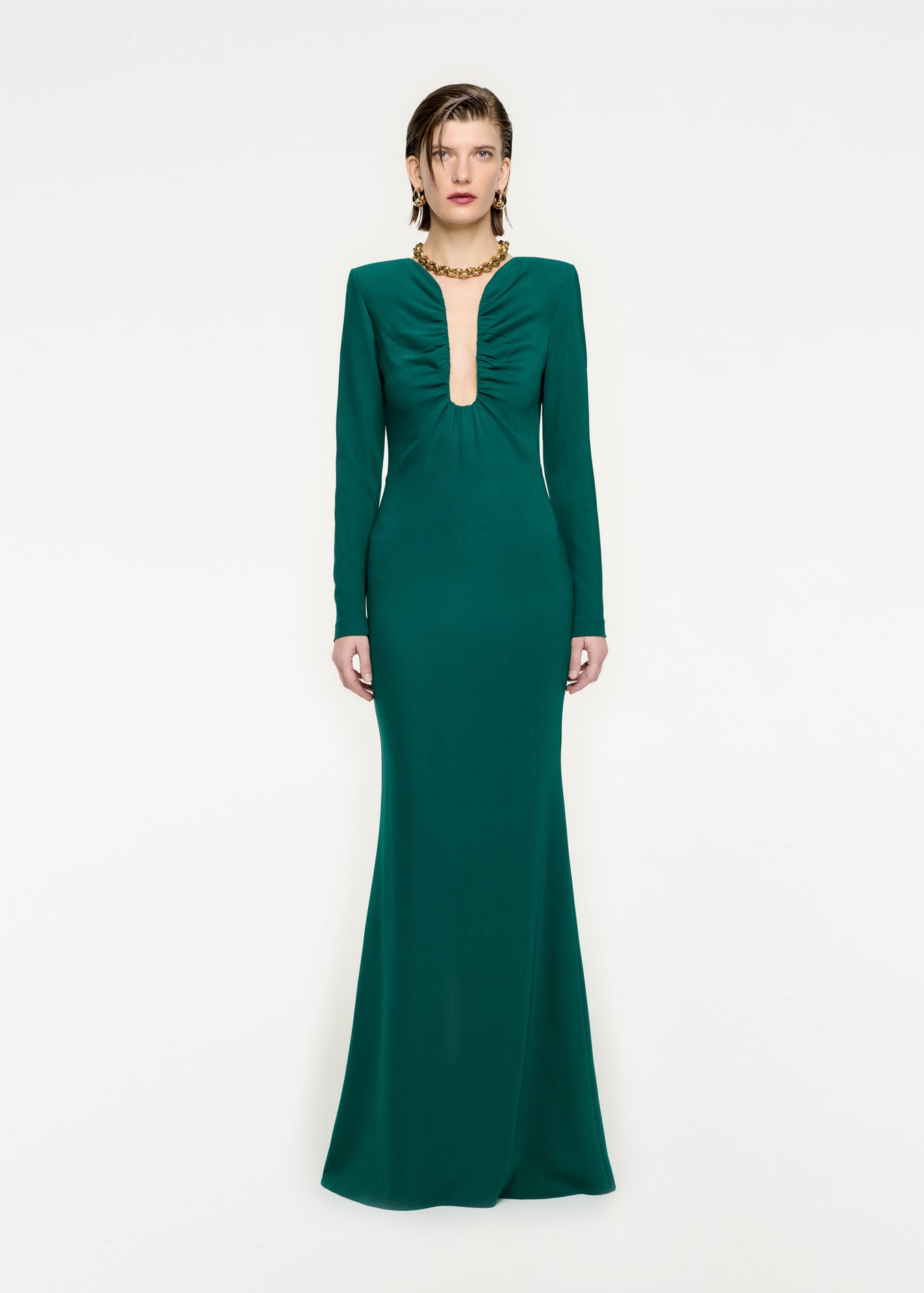Woman wearing the Long Sleeve Stretch Cady Maxi Dress in Green