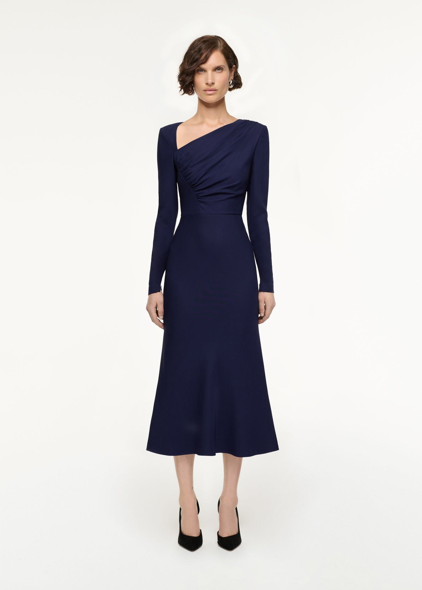 Asymmetric Drape Stretch Cady Midi Dress