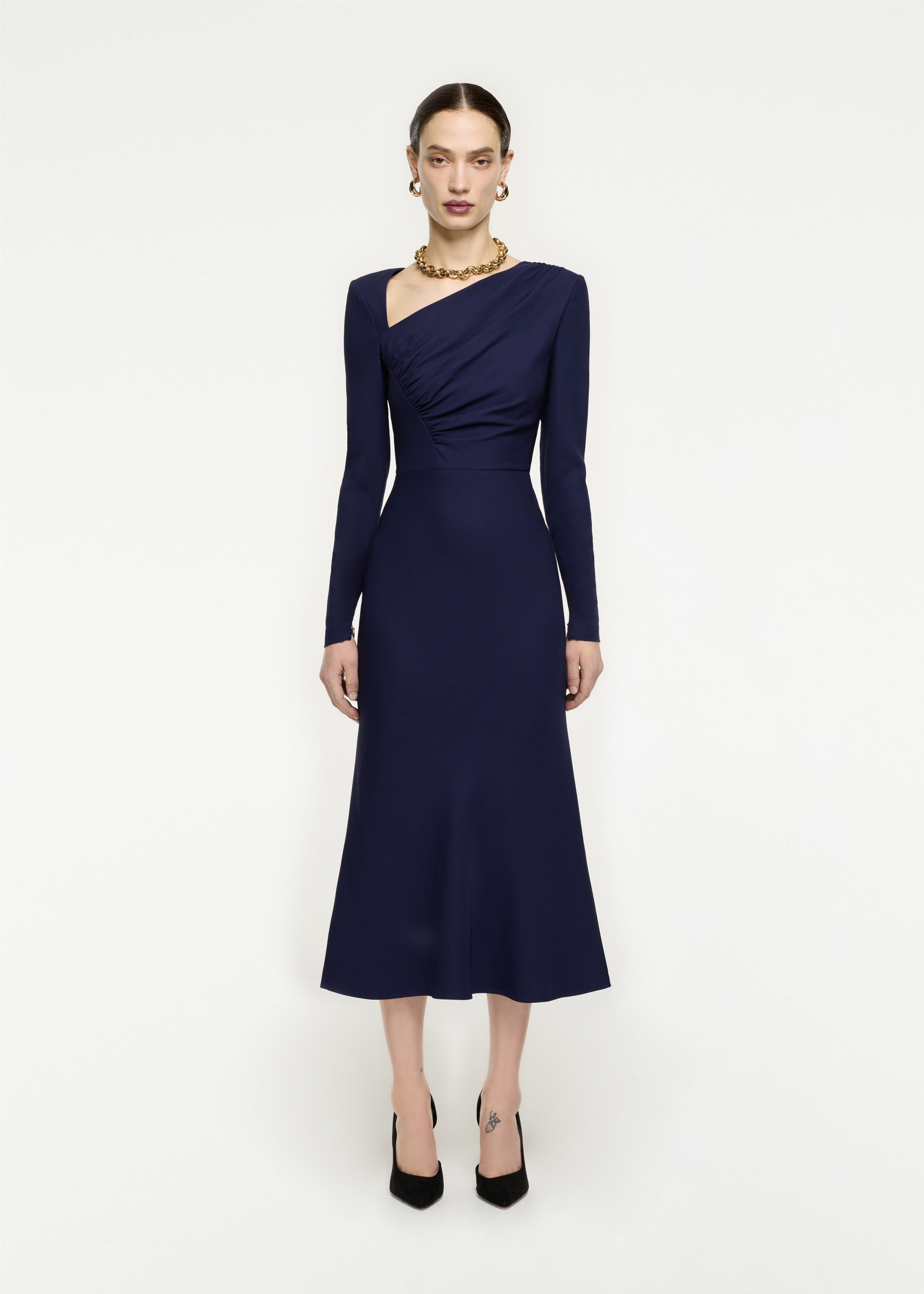 Long Sleeve Stretch Cady Midi Dress in Navy – Roland Mouret