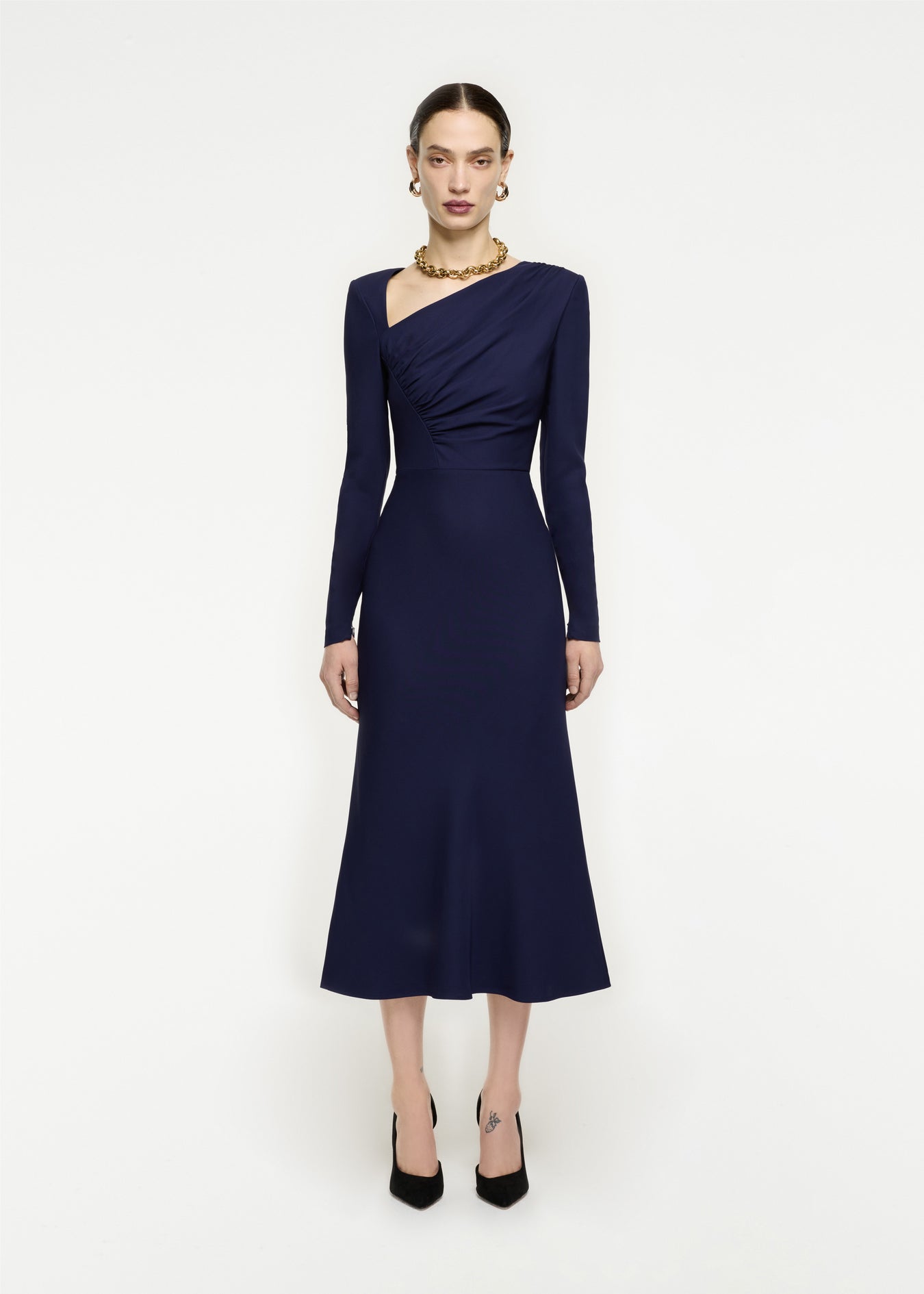 Woman wearing the Long Sleeve Stretch Cady Midi Dress in Navy