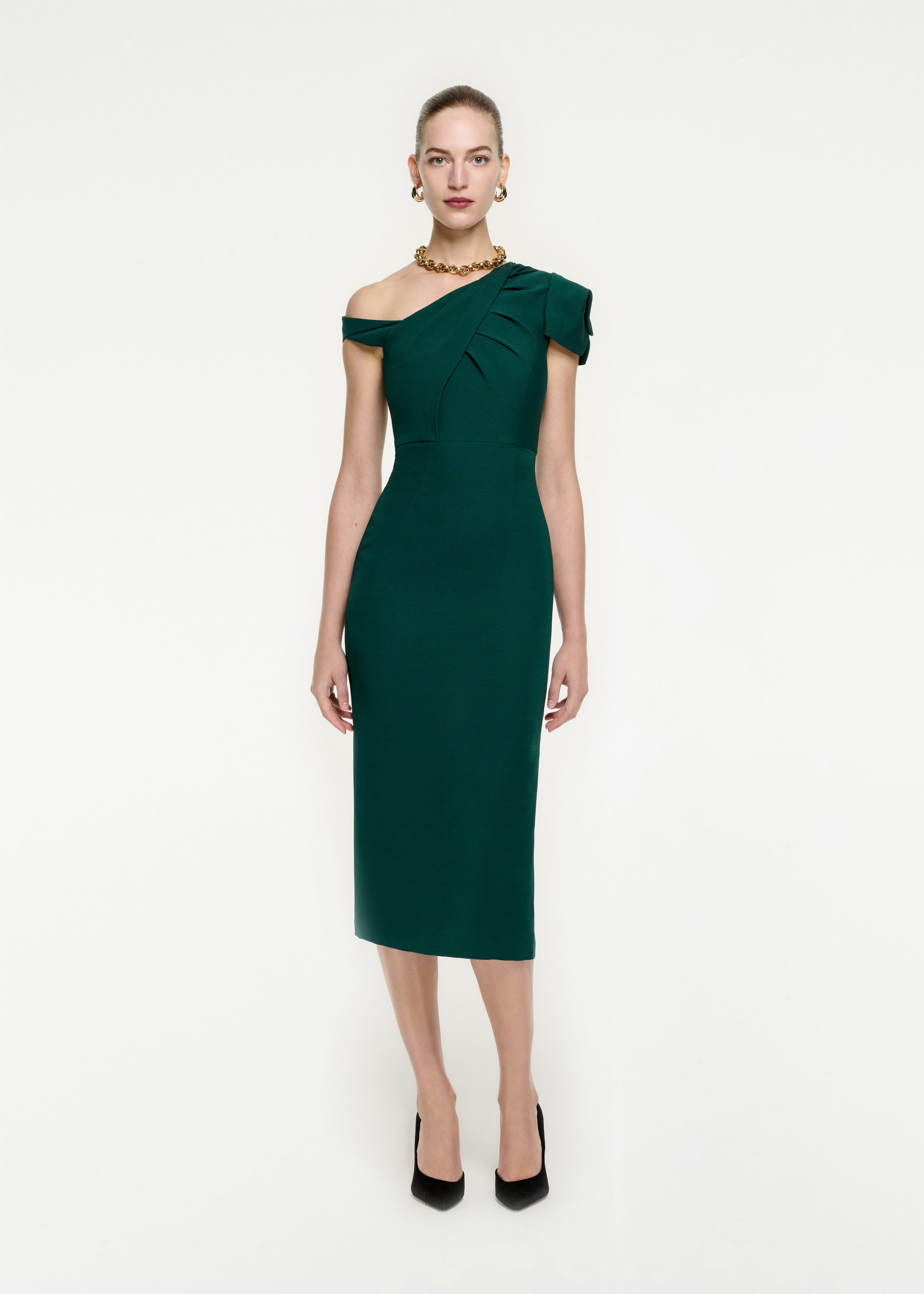 Woman wearing the Asymmetric Wool Silk Midi Dress in Green