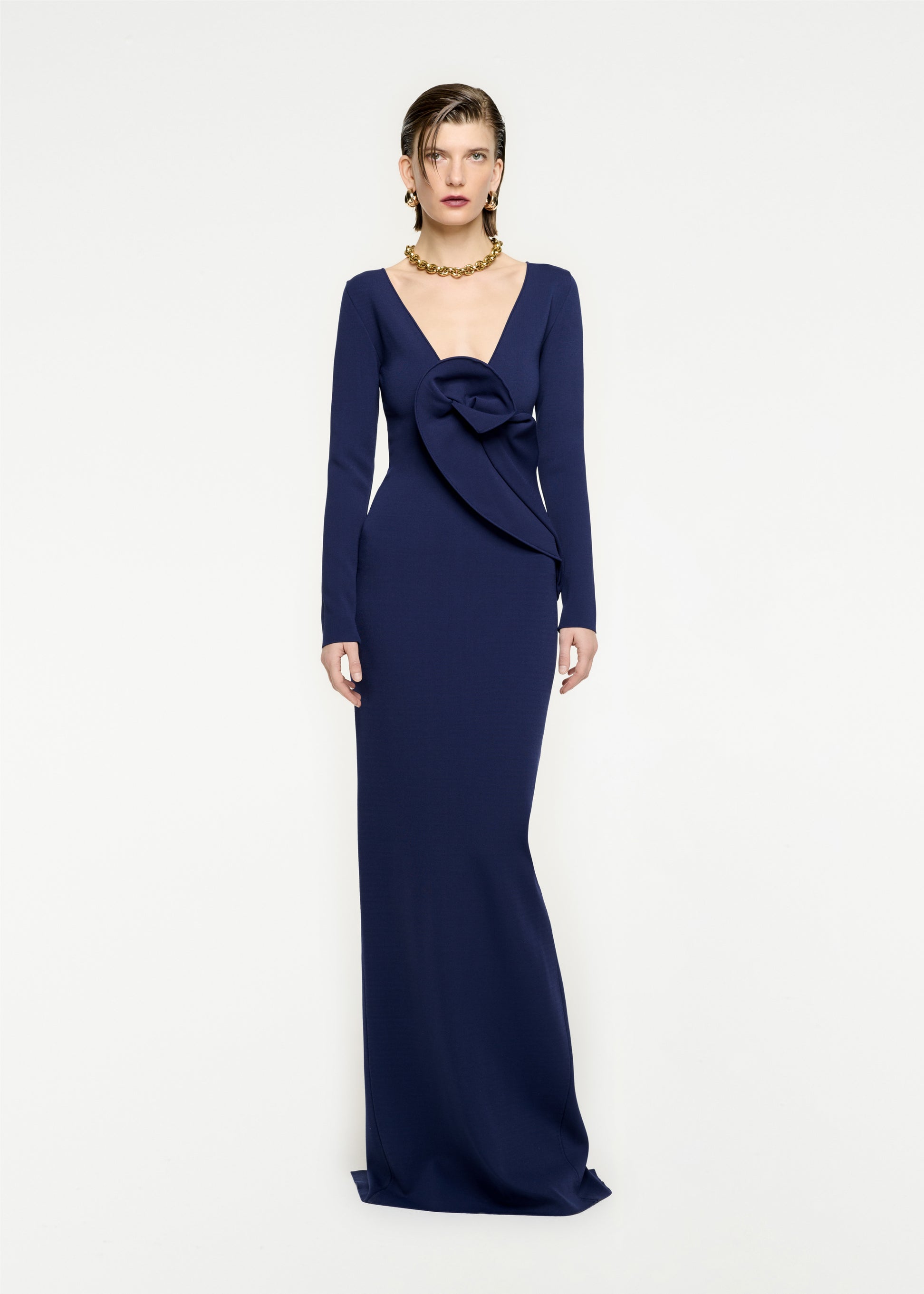 Woman wearing the Long Sleeve Knit Maxi Dress in Navy