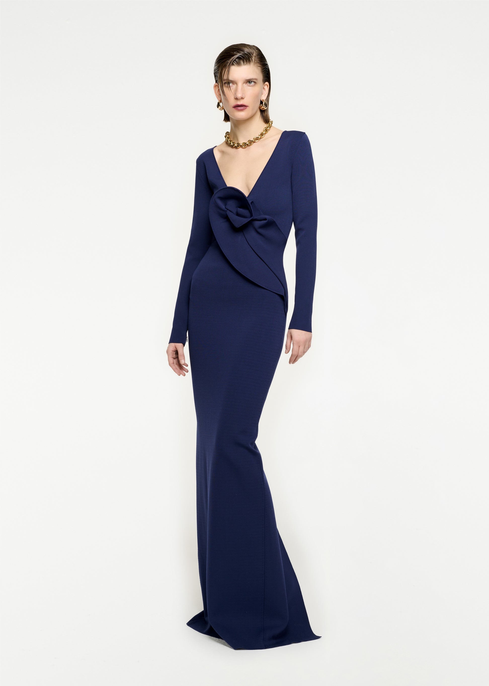 Woman wearing the Long Sleeve Knit Maxi Dress in Navy