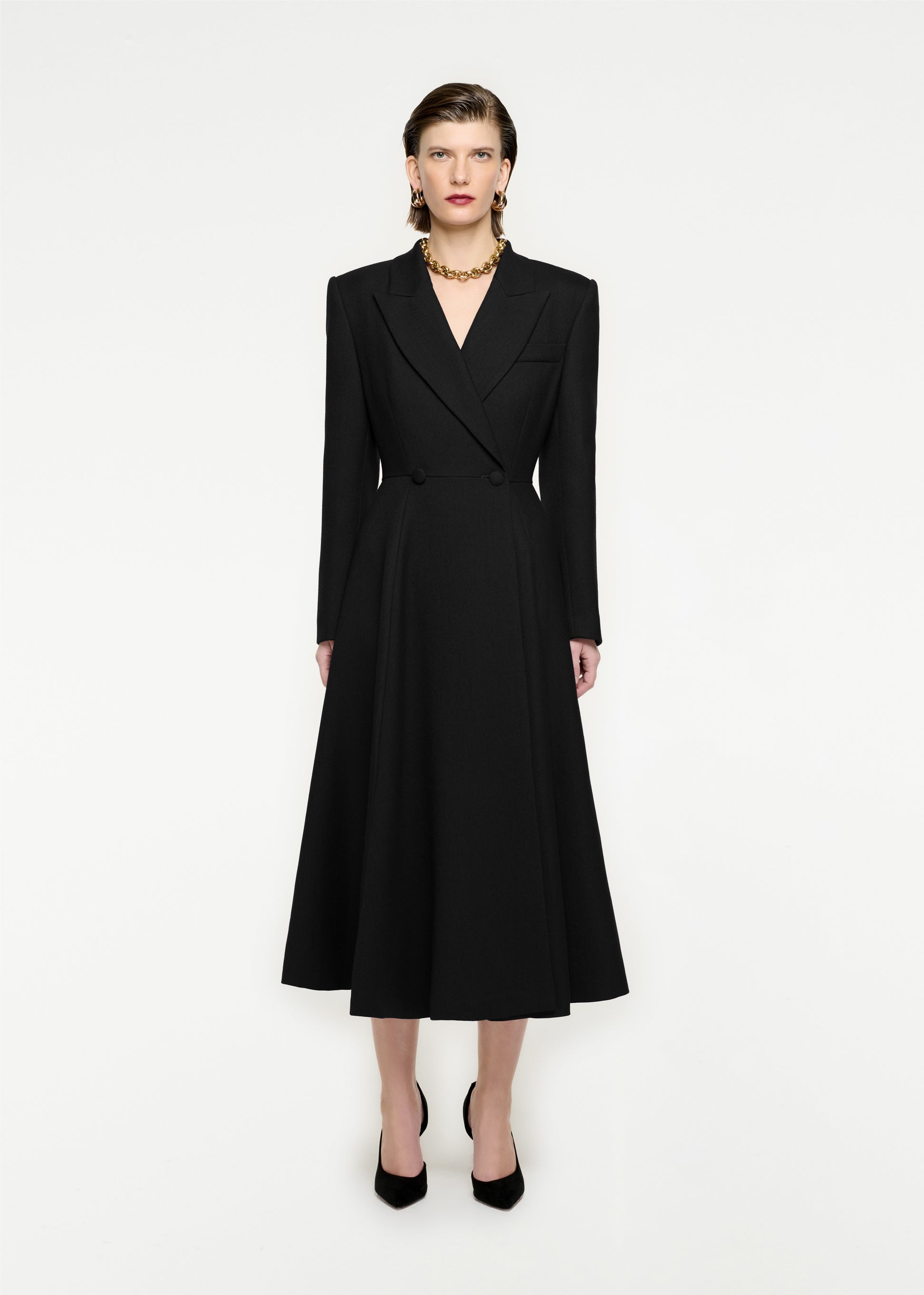 Woman wearing the Wool Twill Coat in Black