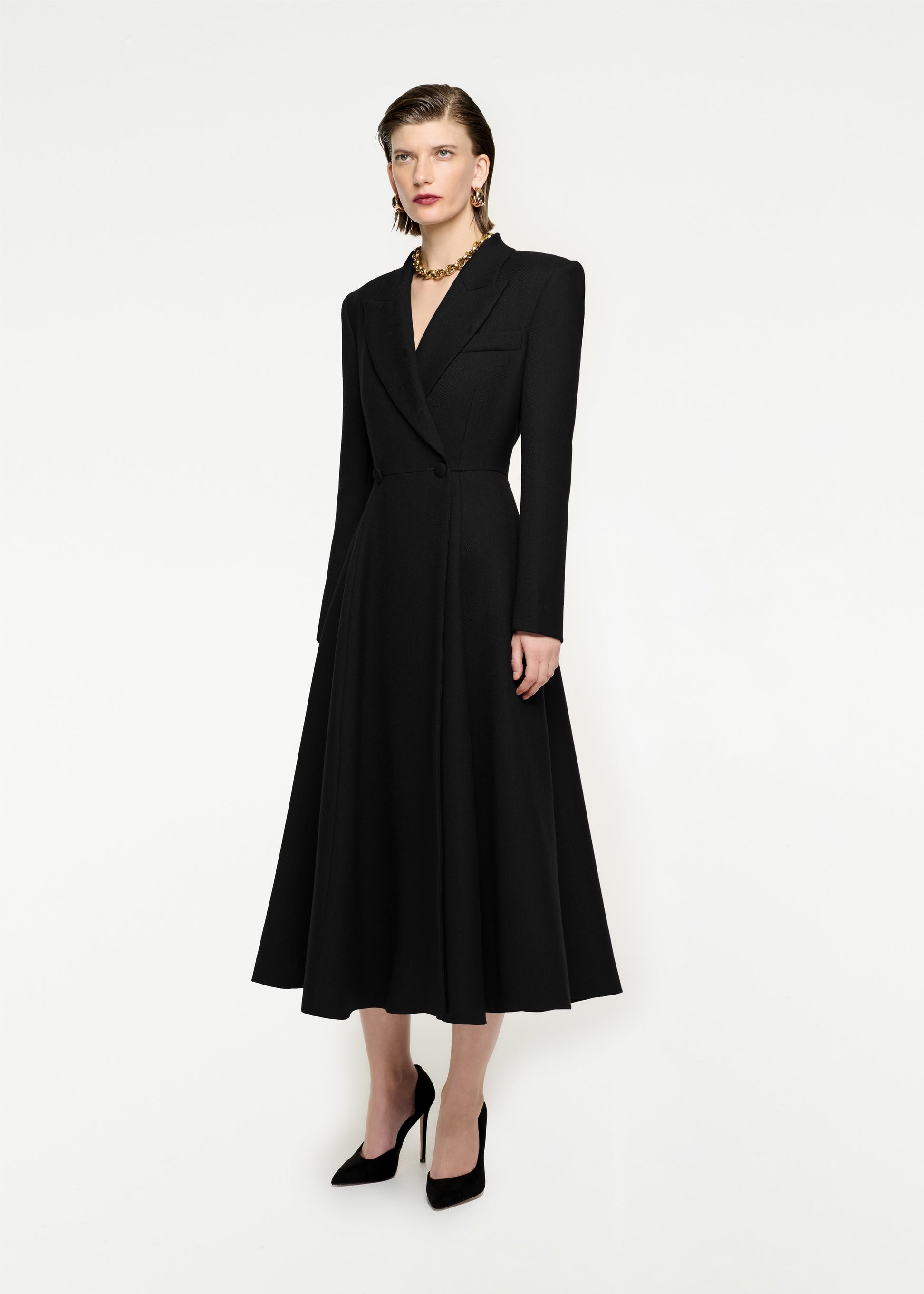Woman wearing the Wool Twill Coat in Black