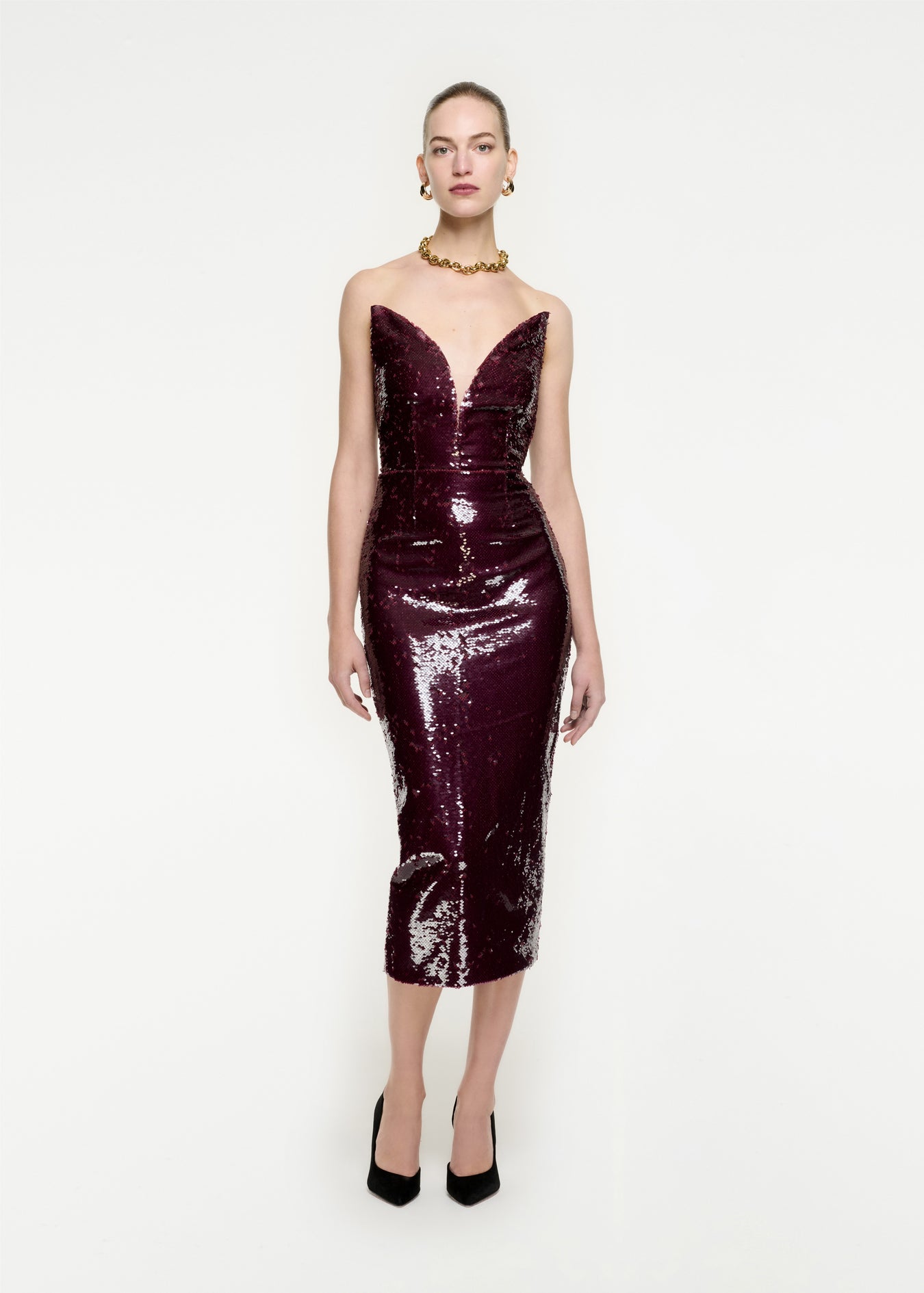 Woman wearing the Strapless Sequin Midi Dress in Maroon