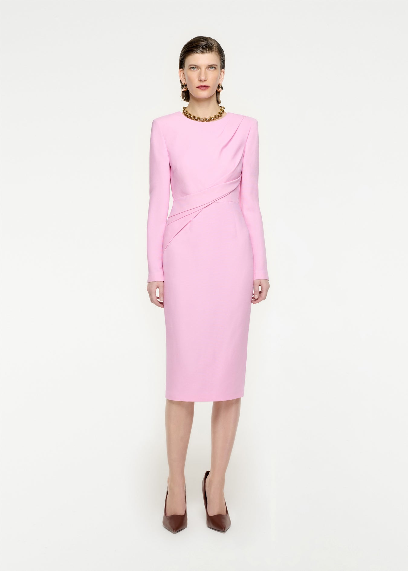 Woman wearing the Long Sleeve Wool Silk Midi Dress in Pink
