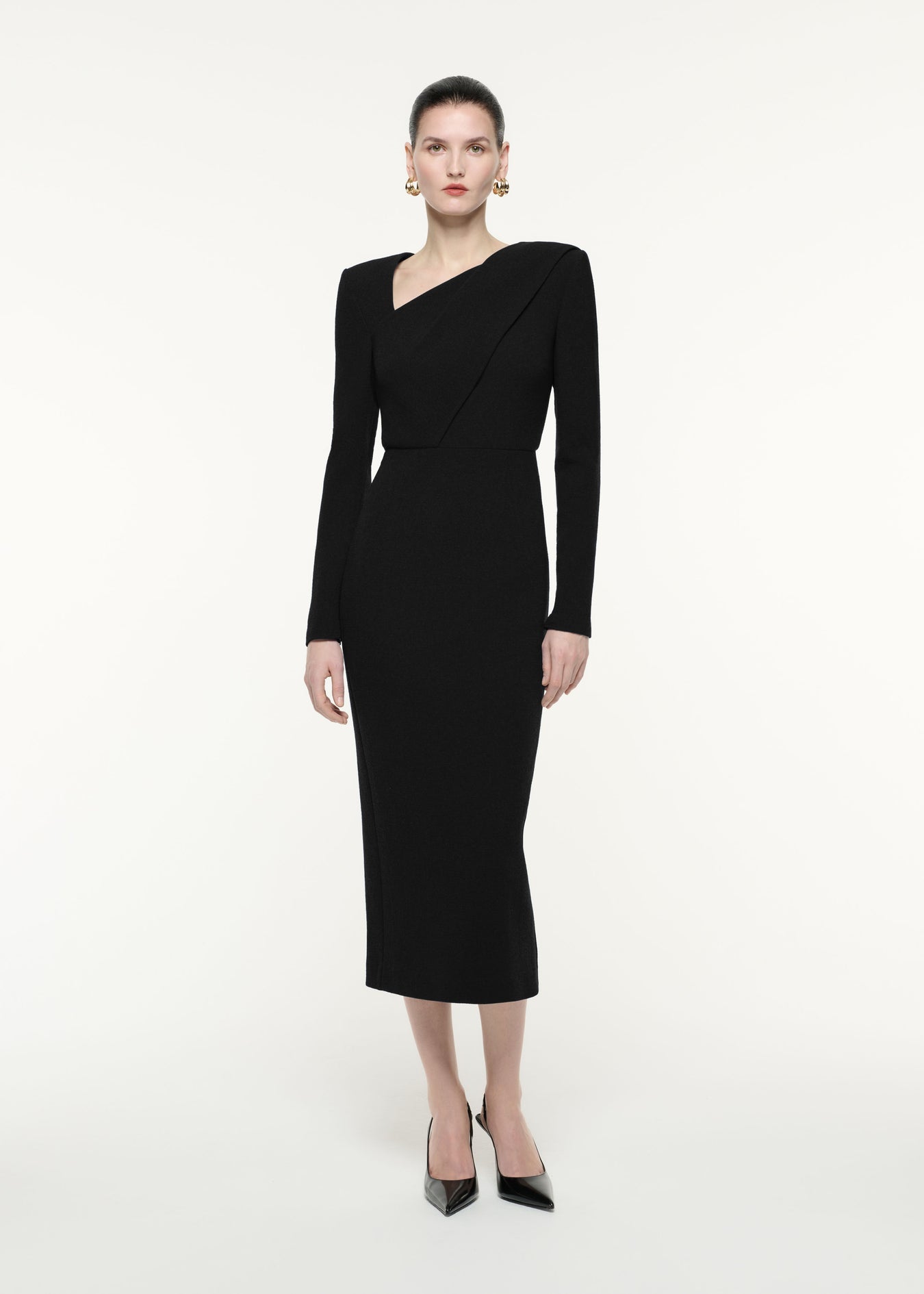 Long Sleeve Wool Crepe Midi Dress