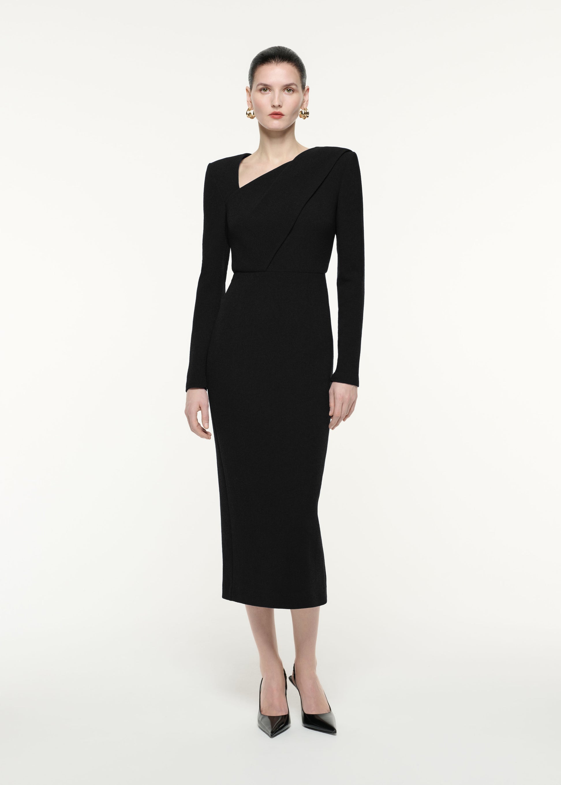 Long Sleeve Wool Crepe Midi Dress