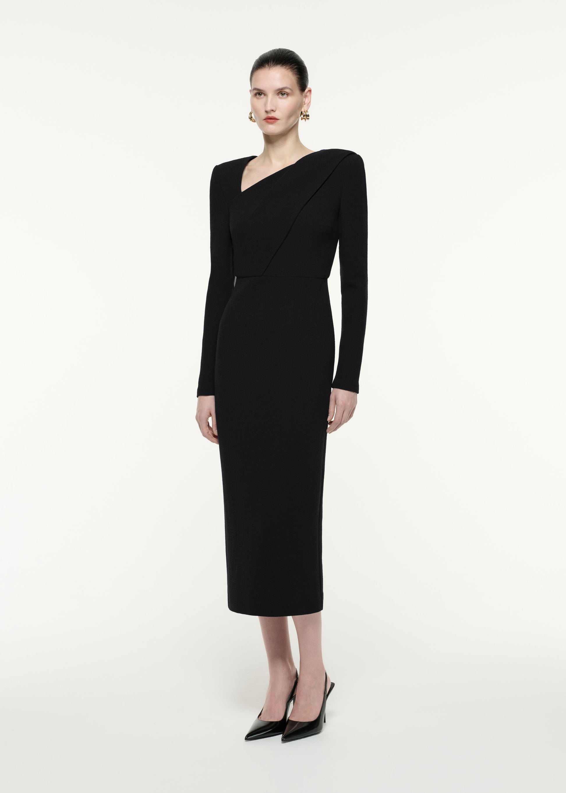 Long Sleeve Wool Crepe Midi Dress