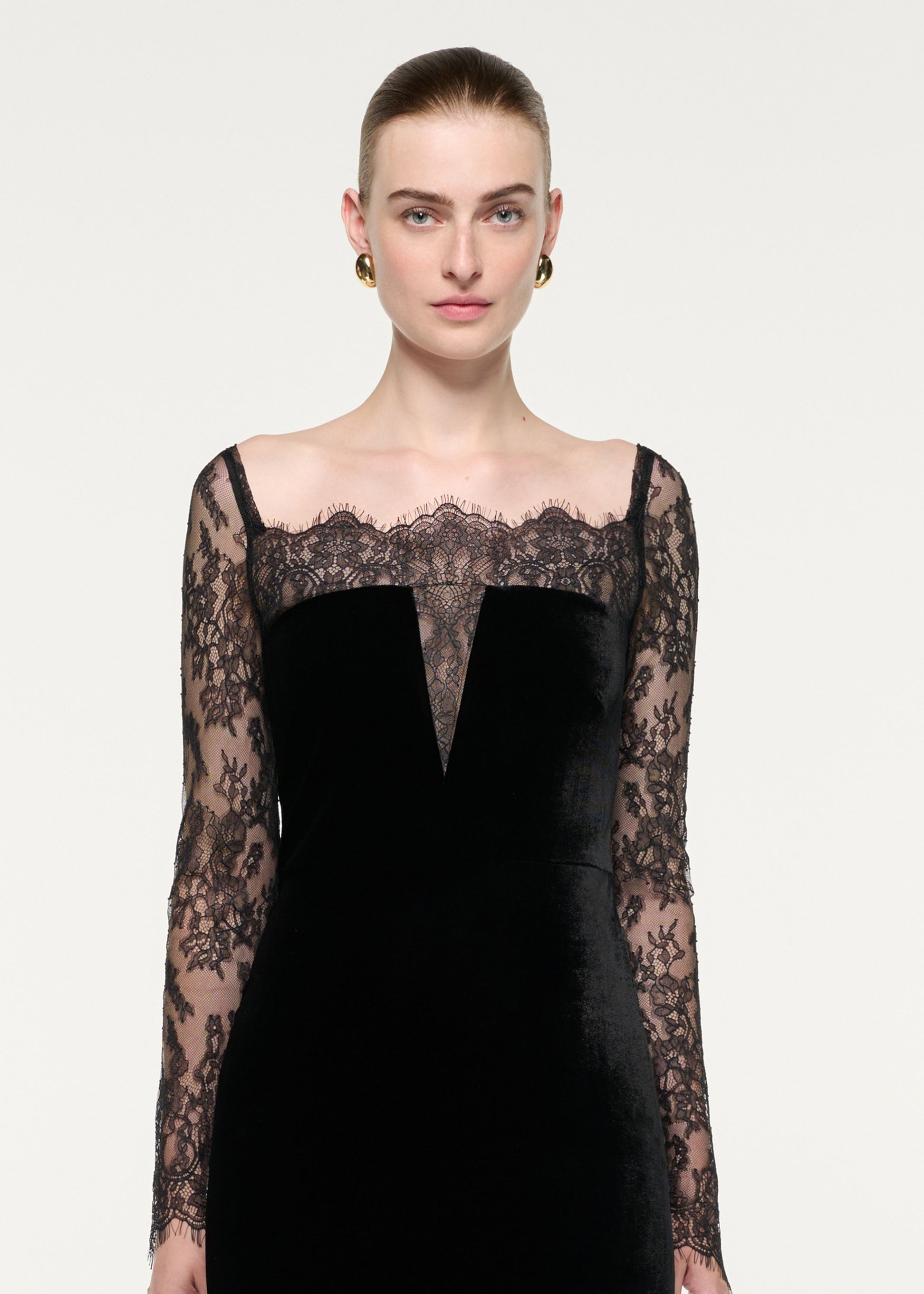 Scalloped Lace And Velvet Gown