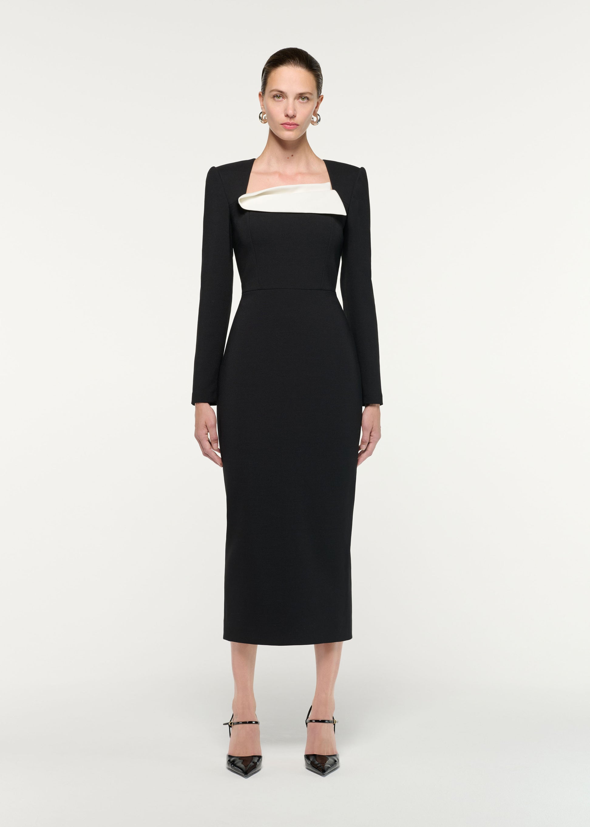 Front view of a model wearing the Fold Detail Crepe Midi Dress
