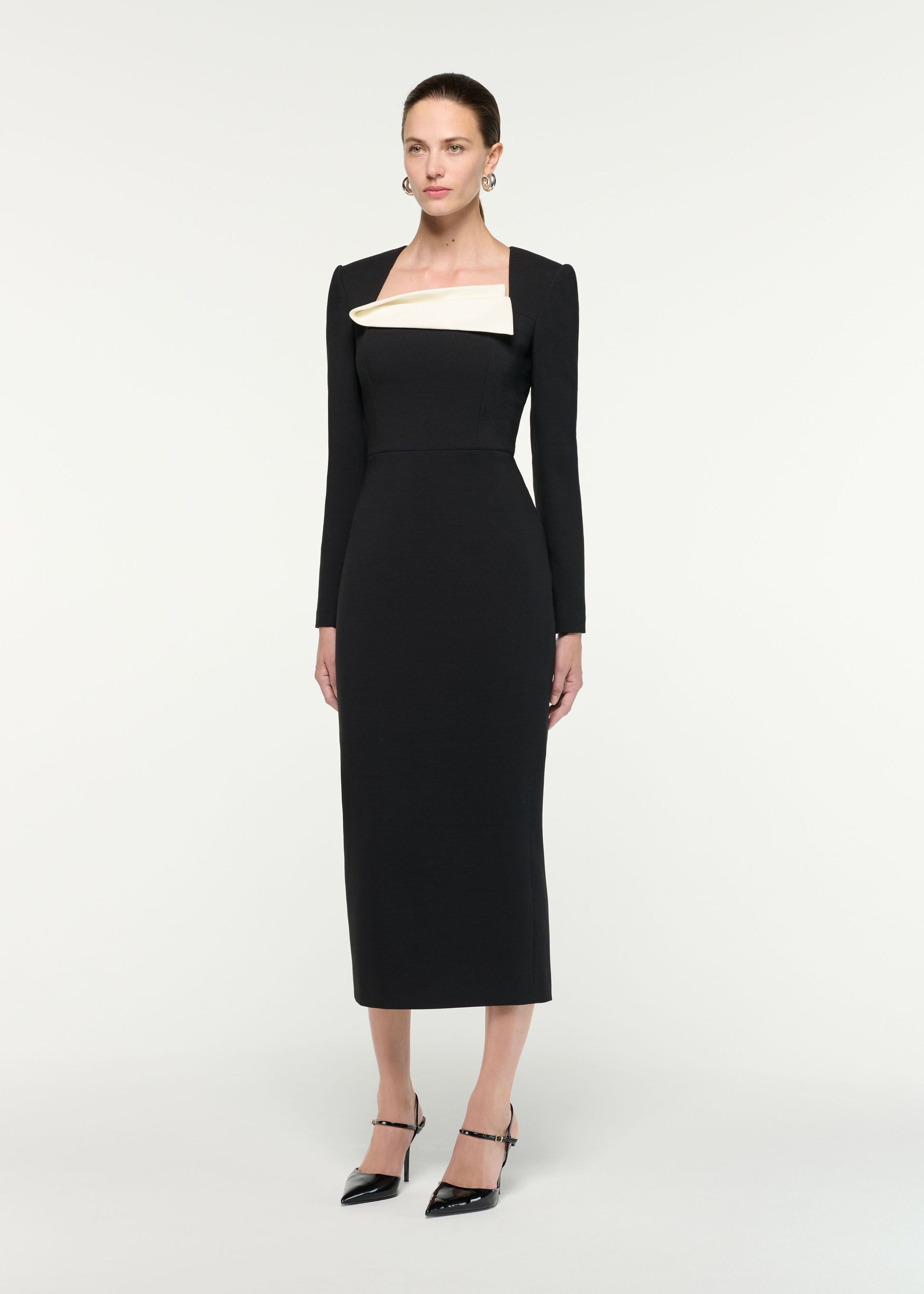 Side view of a model wearing the Fold Detail Crepe Midi Dress