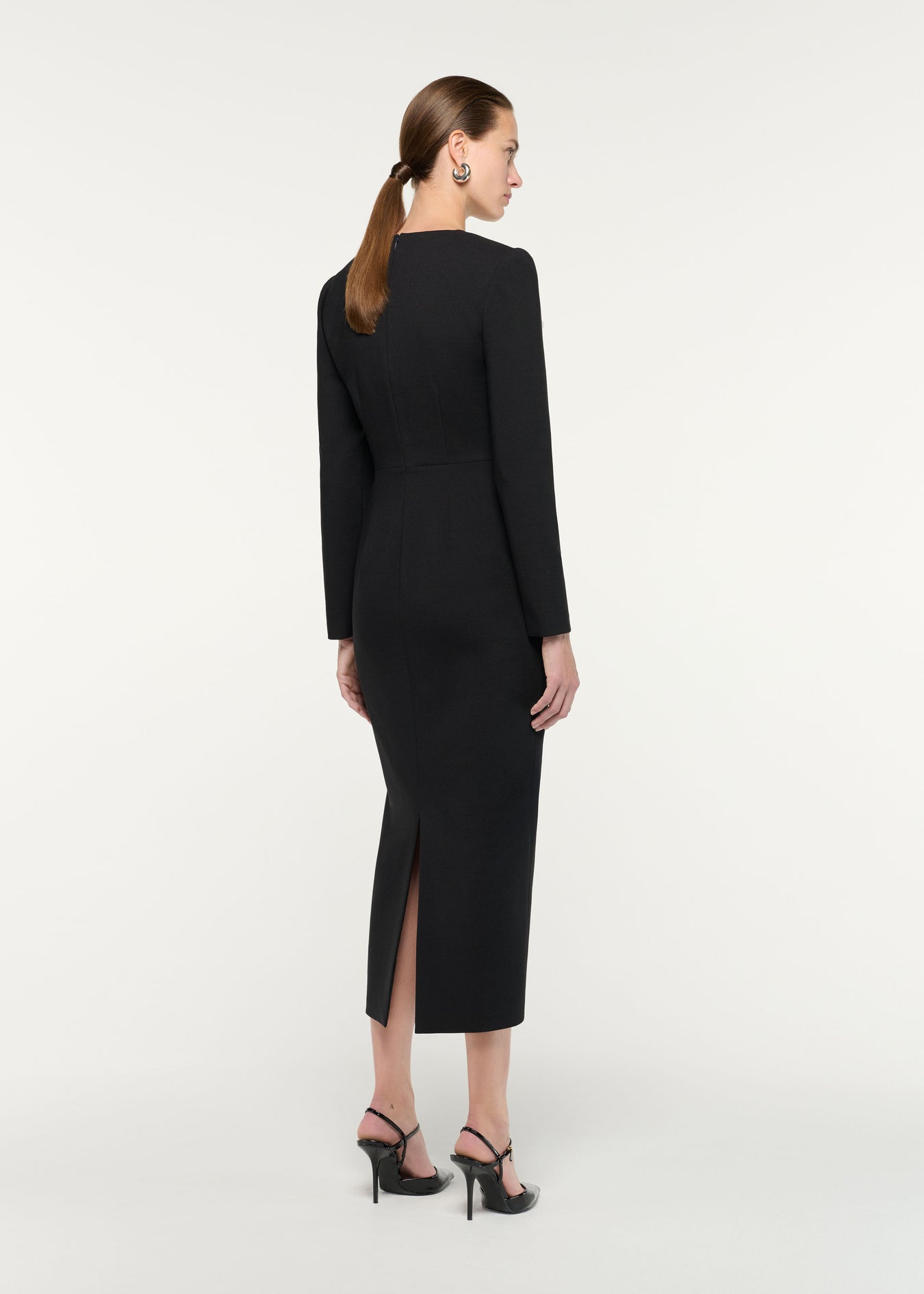 Back view of a model wearing the Fold Detail Crepe Midi Dress
