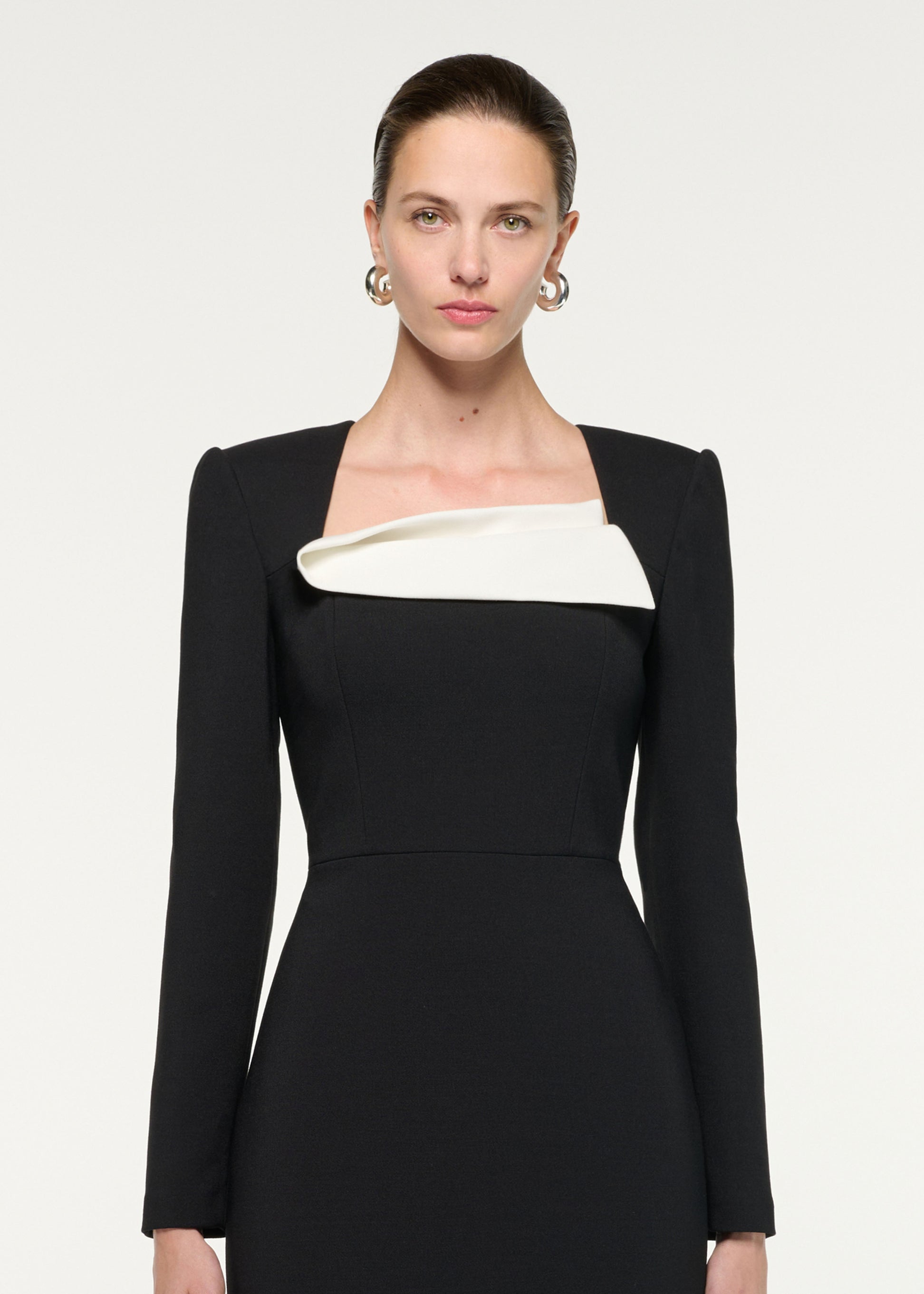 Close up of a model wearing the Fold Detail Crepe Midi Dress