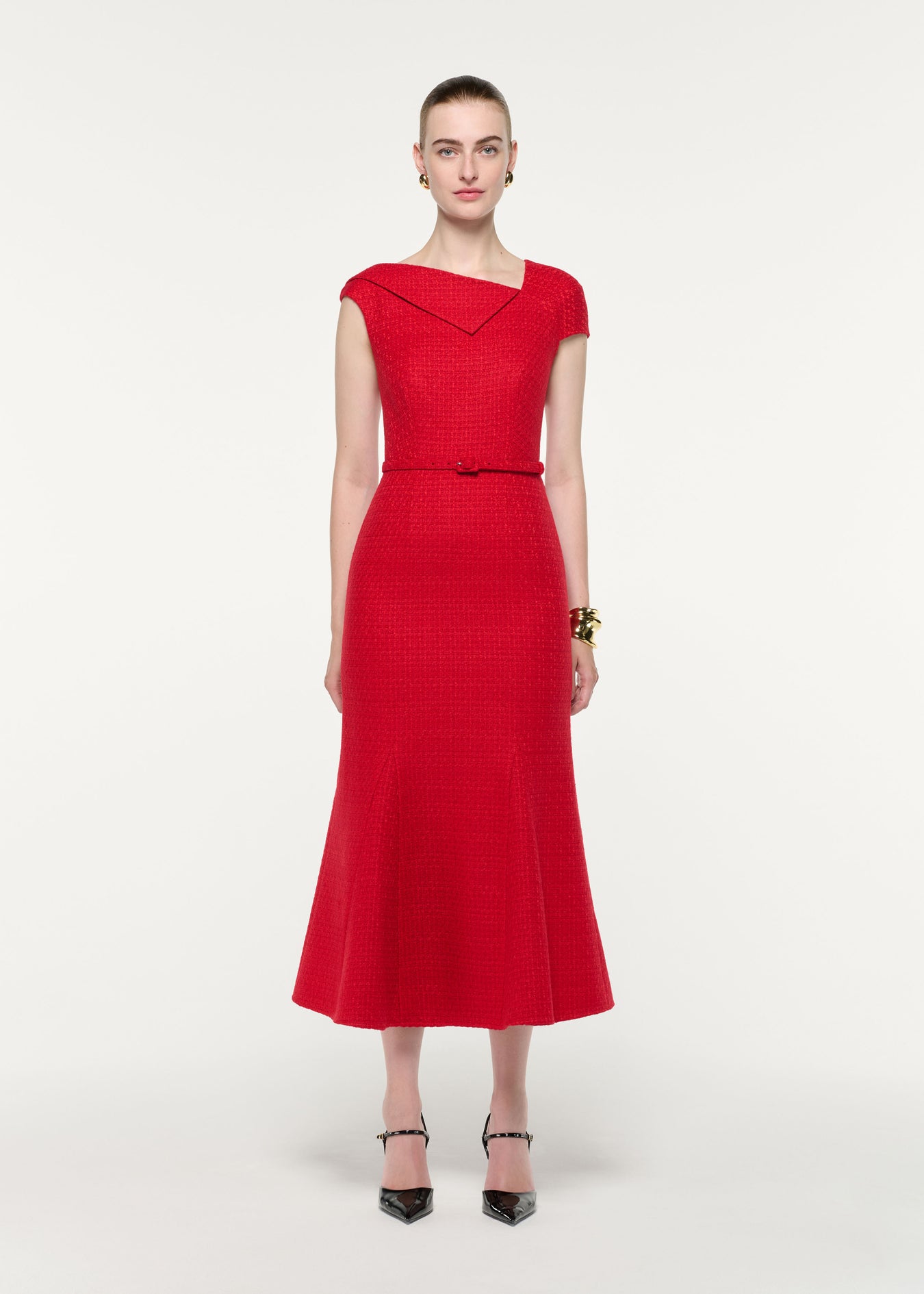 Front view of a model wearing the Asymmetric Neckline Boucle Midi Dress