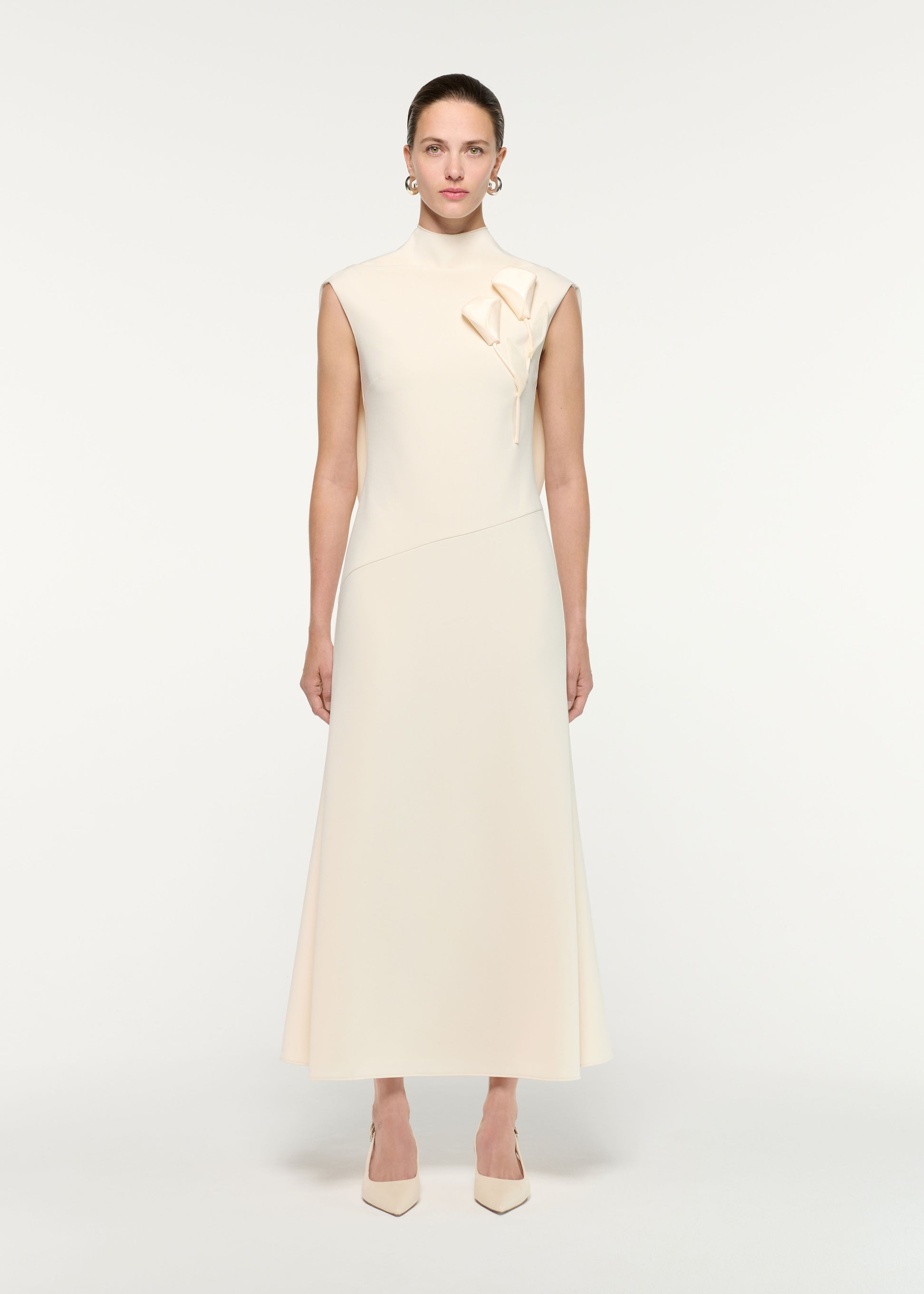 Front view of a model wearing the Flower Embroidery Crepe Midi Dress