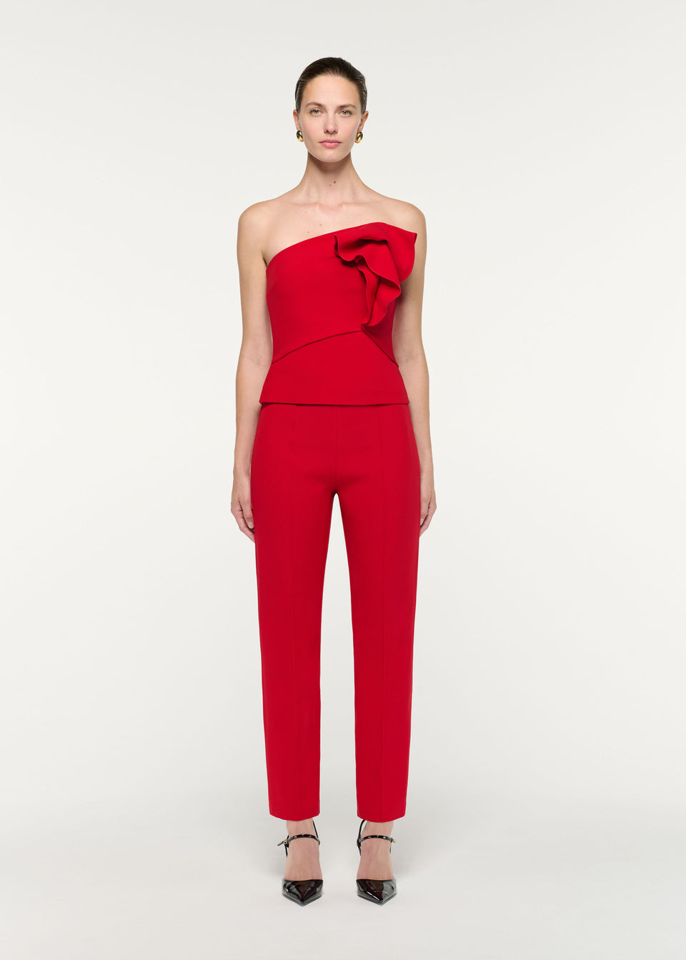 Front view of a model wearing the Red Wool Silk Cropped Trouser