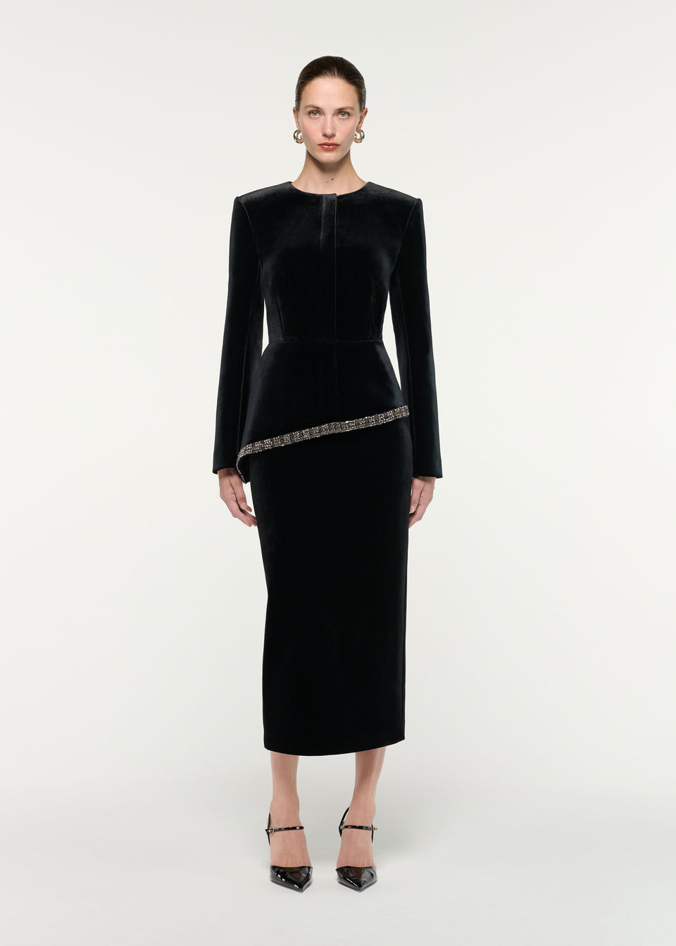 Front view of a model wearing the Velvet Midi Skirt