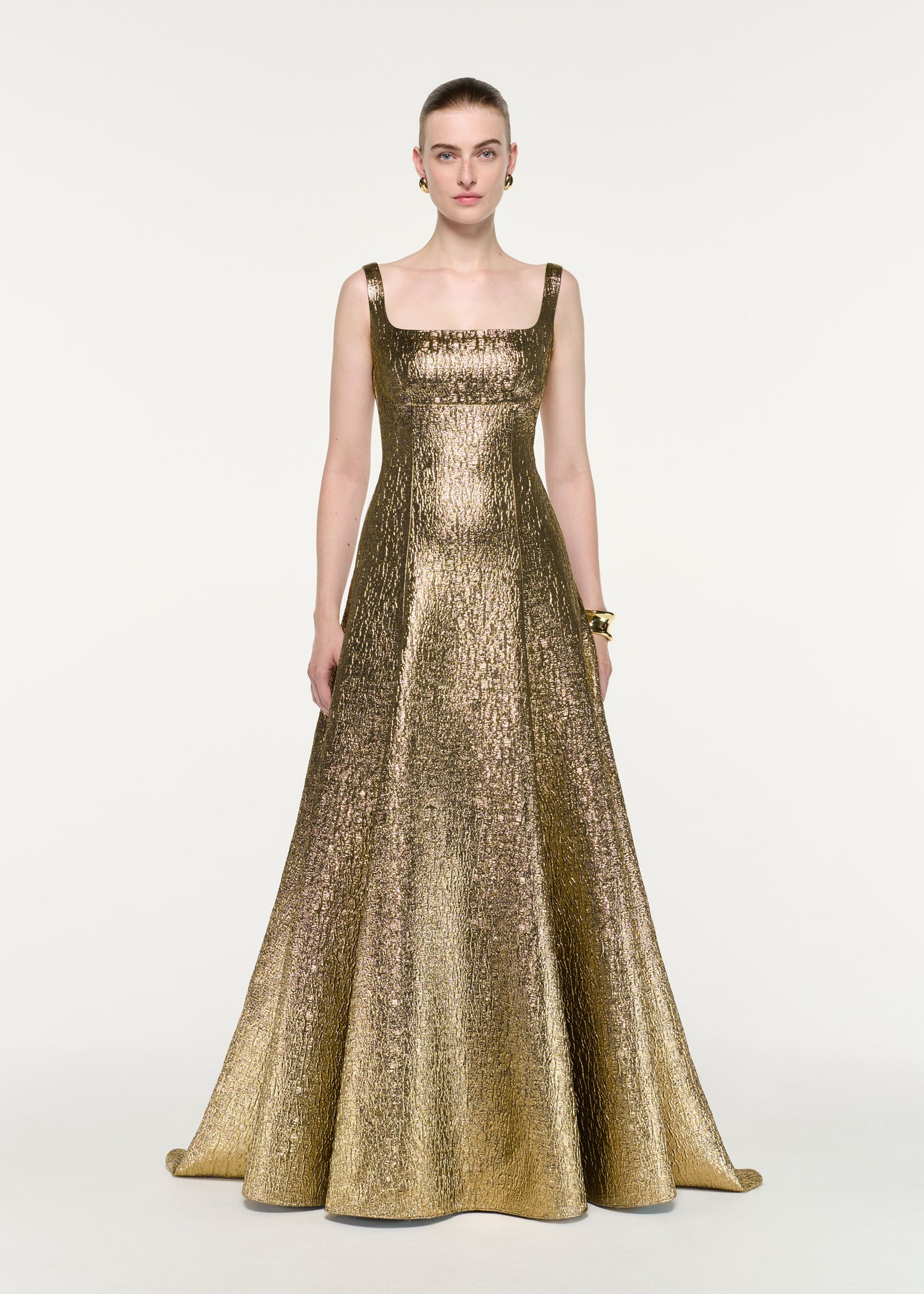 Front view of a model wearing the Metallic Jacquard Square Neck Gown