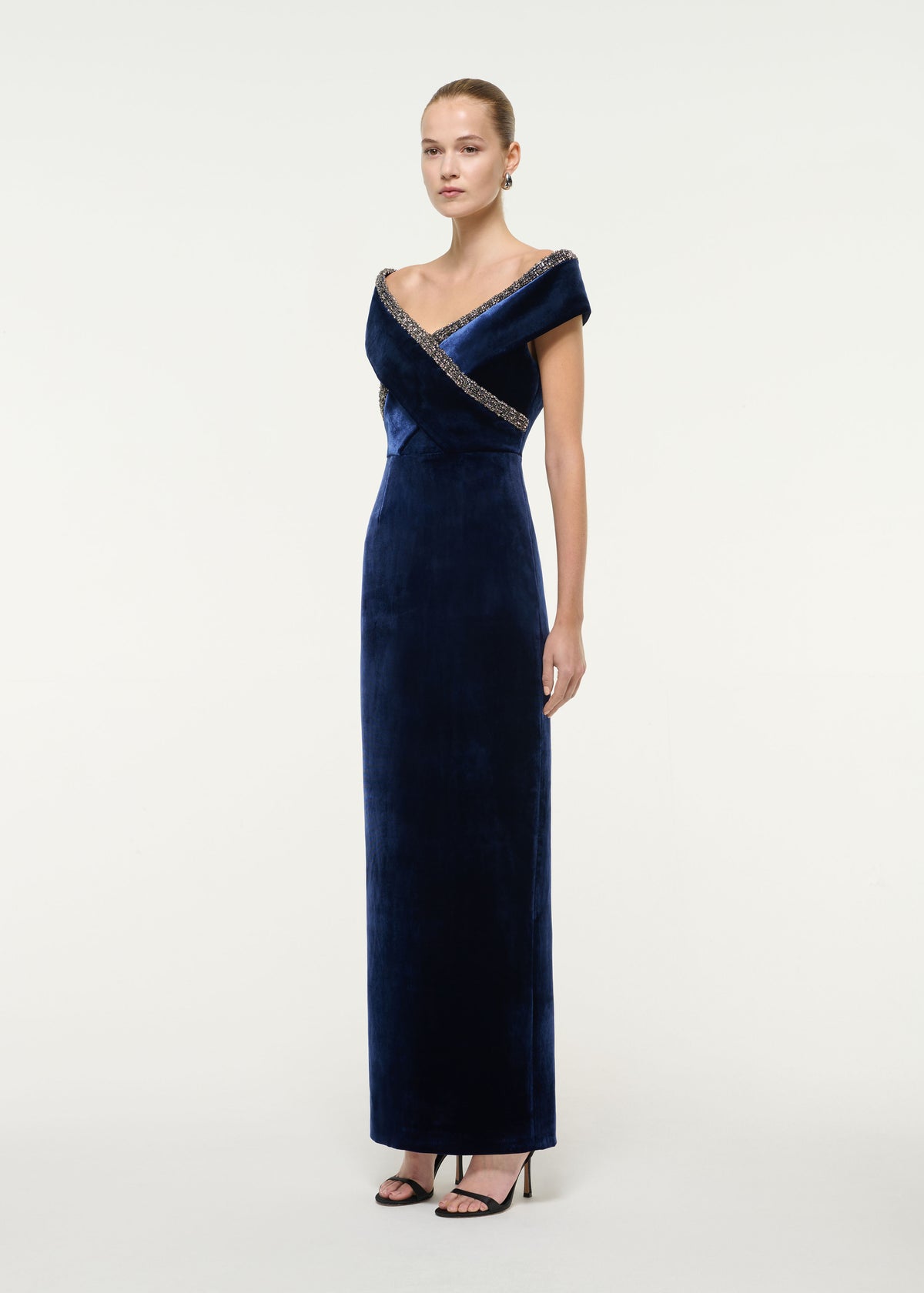 Velvet Off Shoulder Diamante Trim Gown