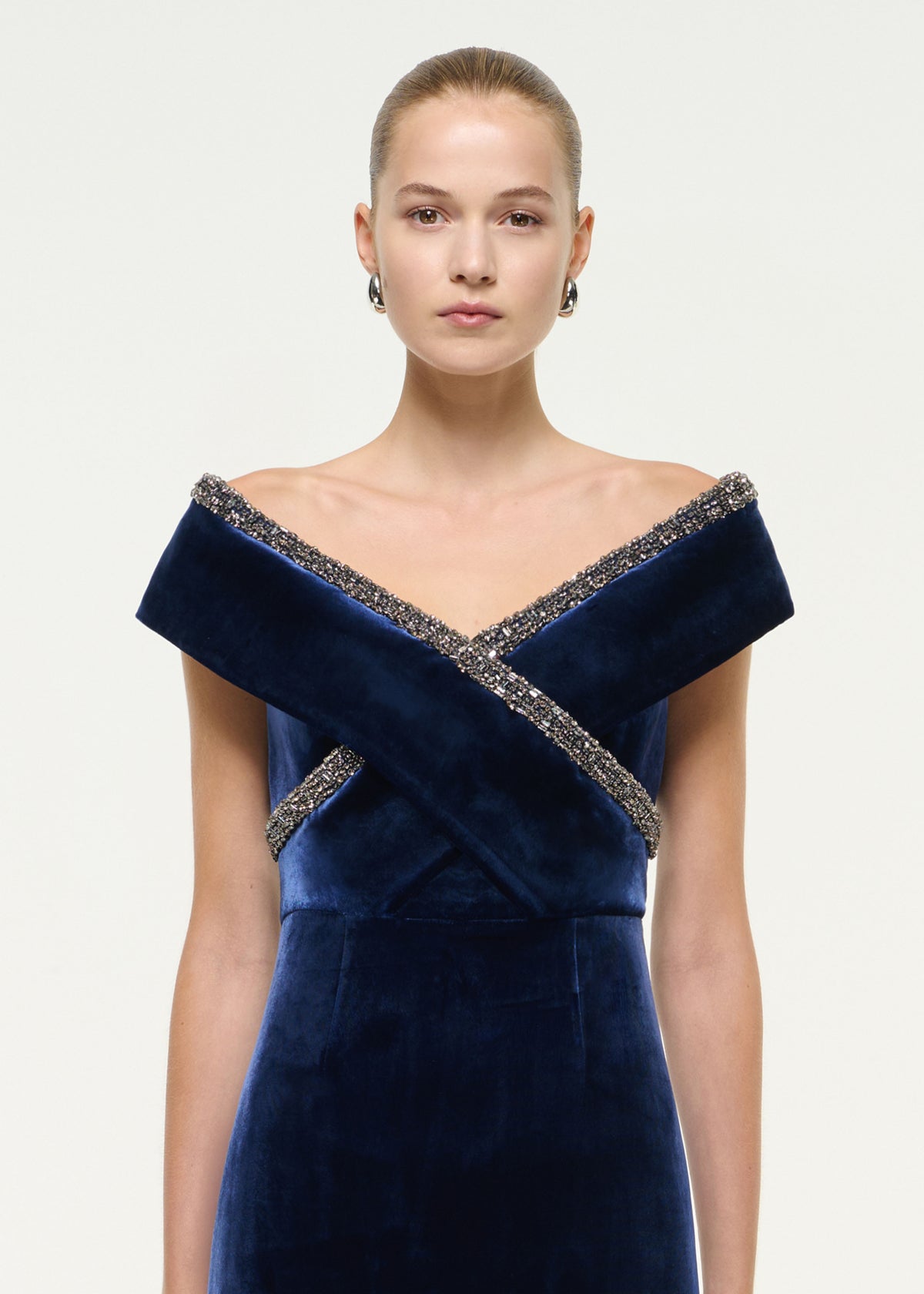 Velvet Off Shoulder Diamante Trim Gown