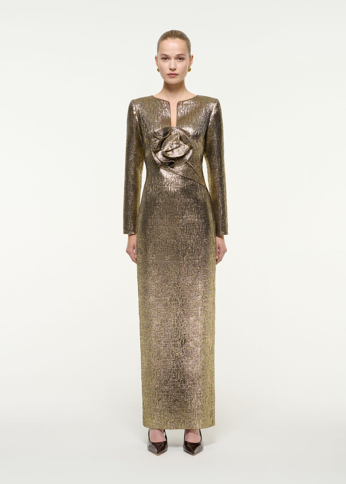 Long Sleeve Flower Drape Metallic Jacquard Gown