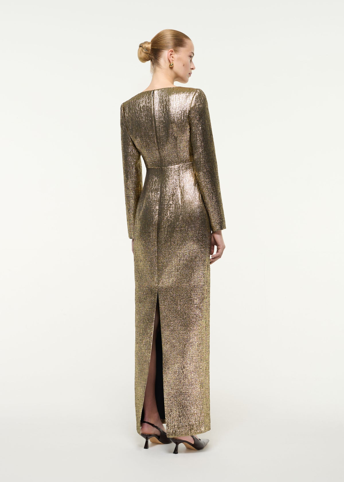 Long Sleeve Flower Drape Metallic Jacquard Gown